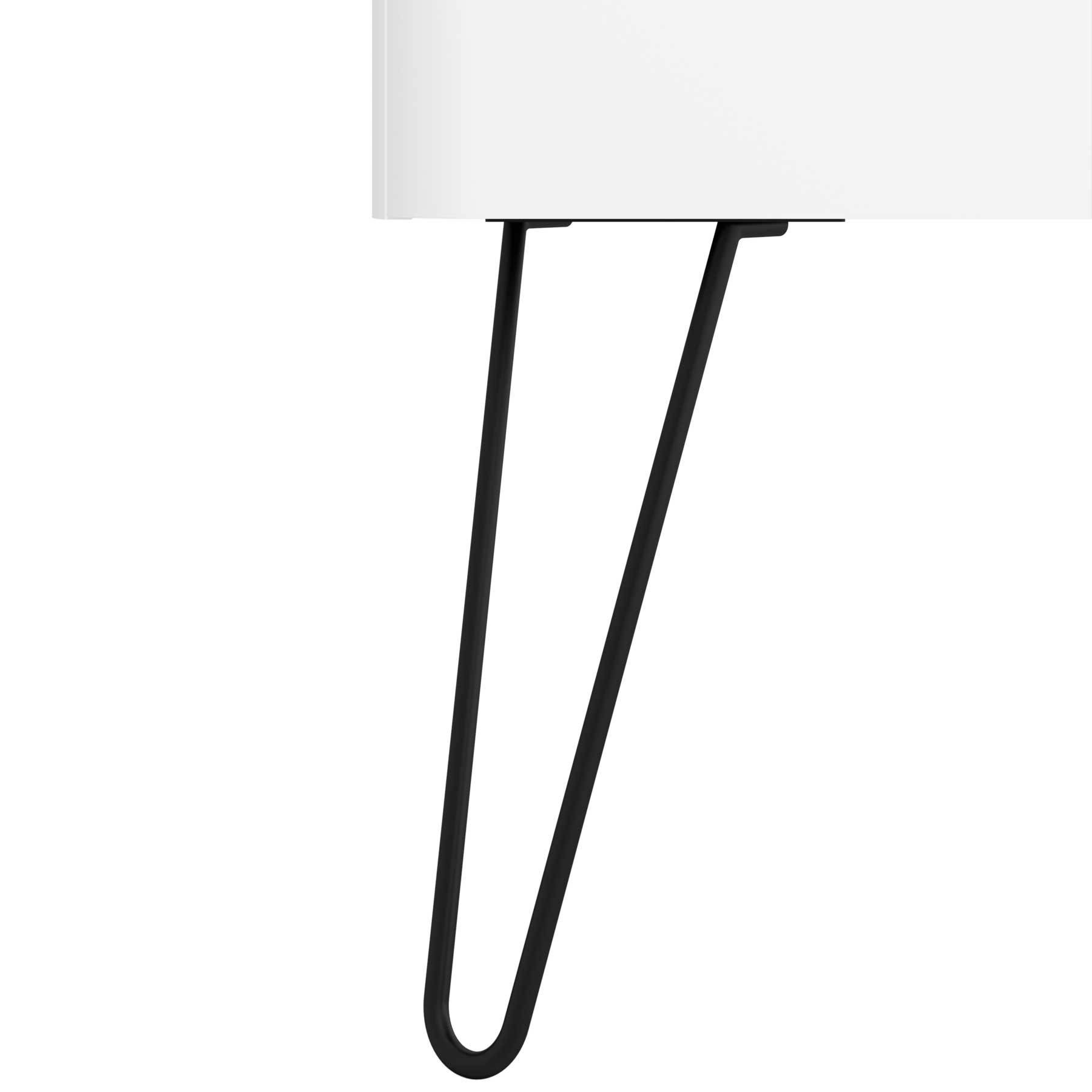Ein modernes, minimalistisches Tischbein im Hairpin-Stil, das an der Unterseite einer weißen Tischplatte befestigt ist.