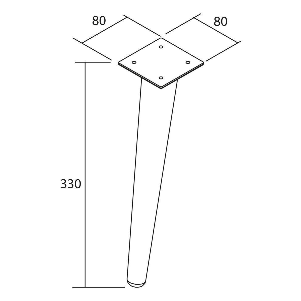 Technische Zeichnung eines konischen Metallbeins mit quadratischer Befestigungsplatte, 330 mm hoch, Oberseite 80 x 80, mit vier Befestigungslöchern.