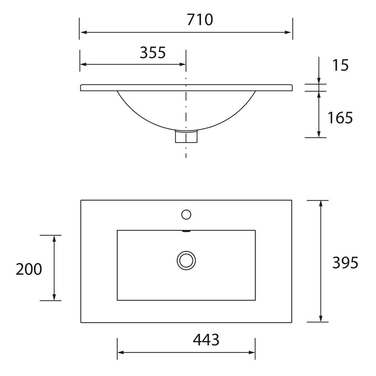 Technische Zeichnung eines rechteckigen Spülbeckens mit Vorder- und Seitenansicht, das Gesamtabmessungen von 710 x 395 mm, eine Beckenöffnung von 443 x 200 mm, einen Rand von 15 mm und eine Tiefe von 165 mm zeigt.
