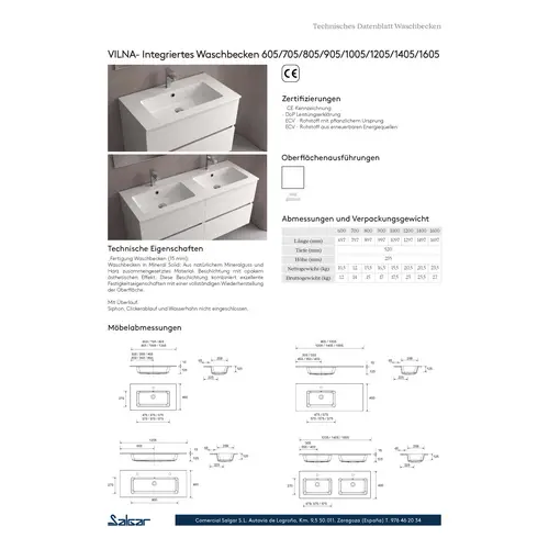 Salgar Waschtisch VILNA 1005 ohne Siphon und Clickerabfluss MINERALSOLID MATT 1005 x 460 x 15 mm Salgar Waschtisch VILNA 1005 ohne Siphon und Clickerabfluss MINERALSOLID MATT 1005 x 460 x 15 mm