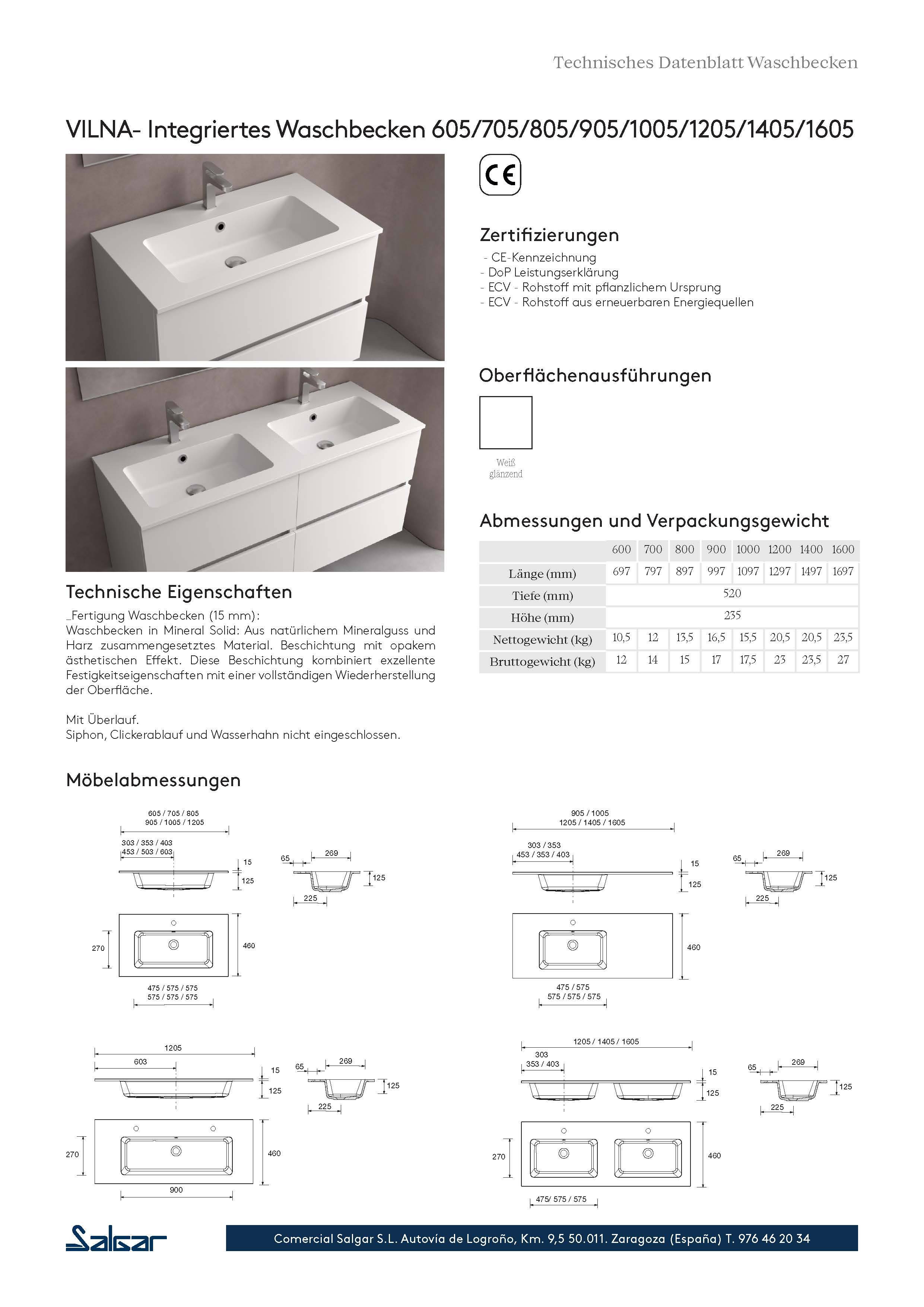 Waschtisch VILNA 1405 doppelt ohne Siphon und Clickerabfluss MINERALSOLID MATT 1405 x 460 x 15 mm