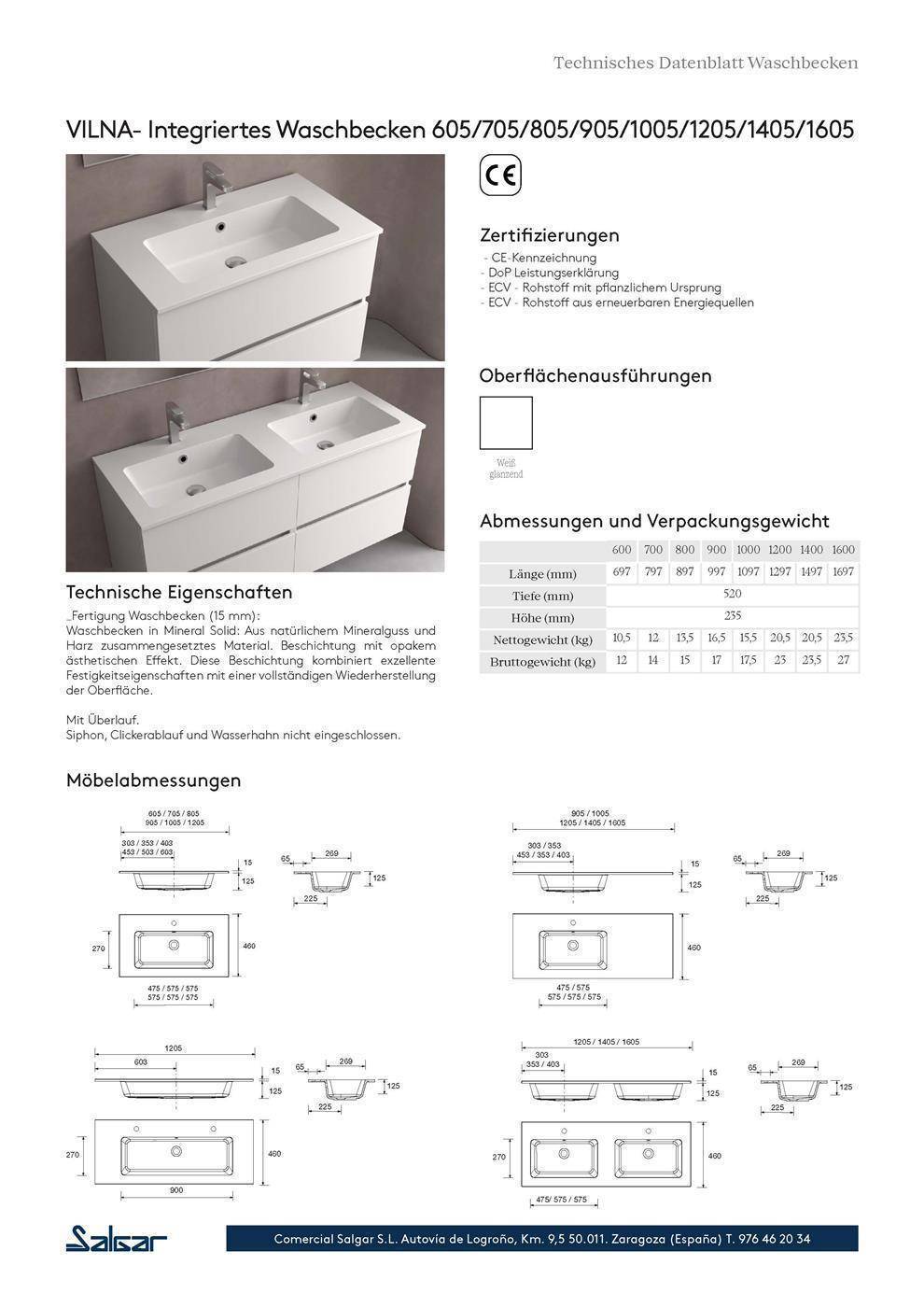 Waschtisch VILNA 1205 ohne Siphon und Clickerabfluss MINERALSOLID MATT 1205 x 460 x 12 mm