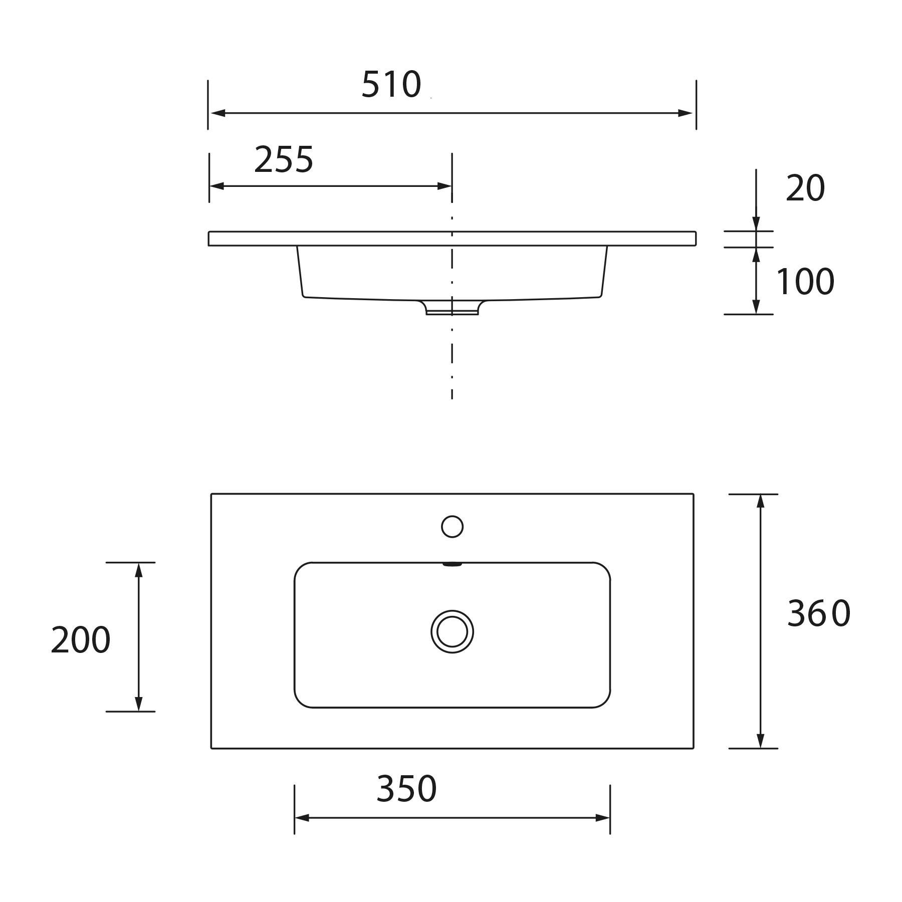 Salgar Waschtisch S35 510 extraflach ohne Siphon und Clickerabfluss PORZELLAN WEIß 510 x 20 x 360 mm