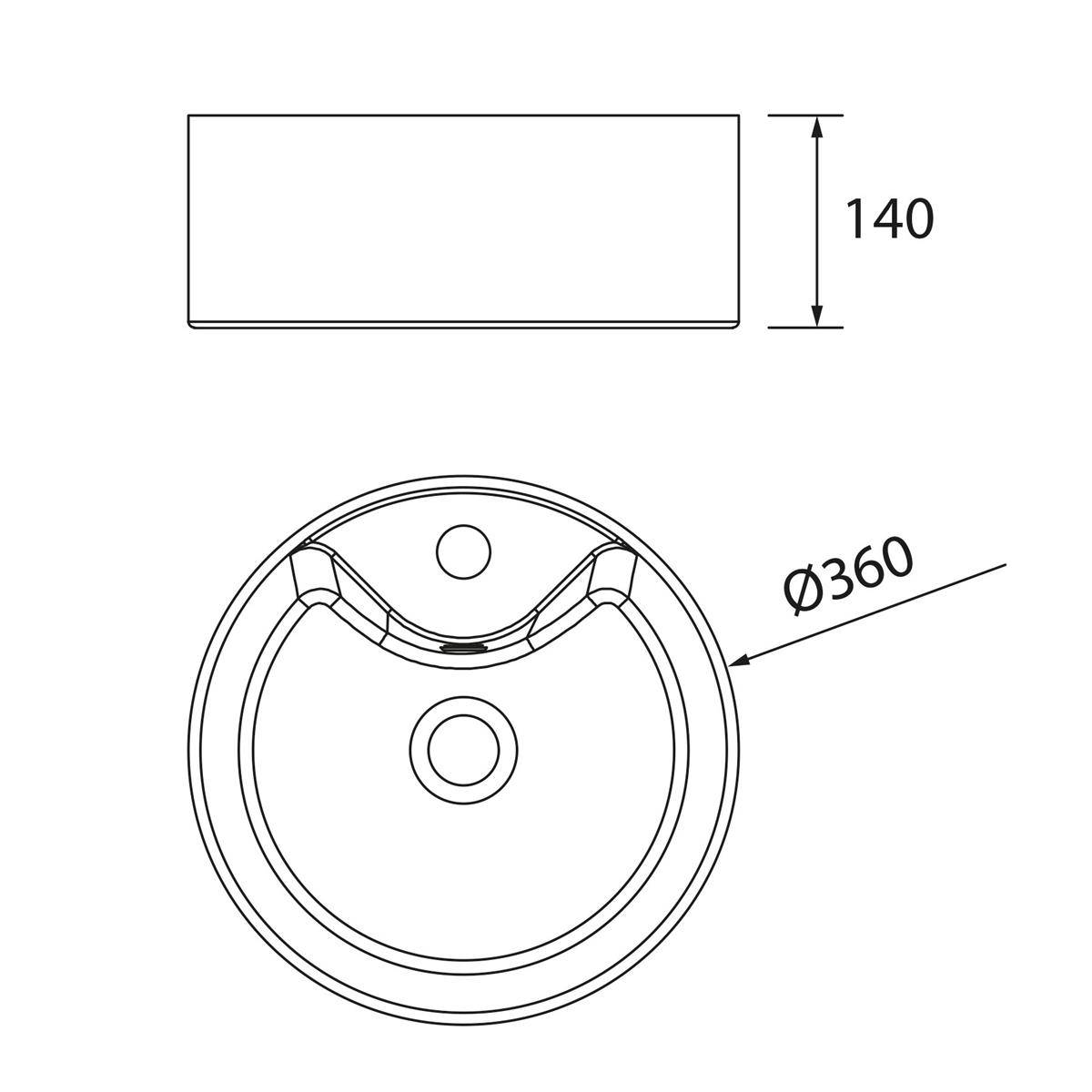 Technische Zeichnung eines kreisförmigen Teils: 360 mm Durchmesser, 140 mm Höhe, mit einer vertieften oberen Ausnehmung und zentralem Loch.