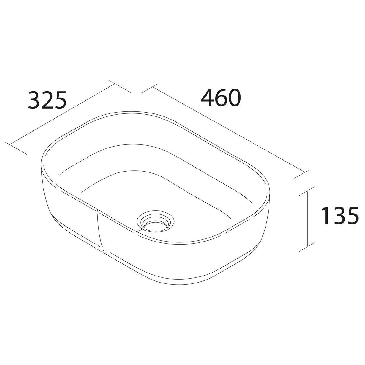 Linizeichnung eines ovalen rechteckigen Spülbeckens mit zentriertem Ablauf, gekennzeichnet mit den Abmessungen 460 x 325 x 135.