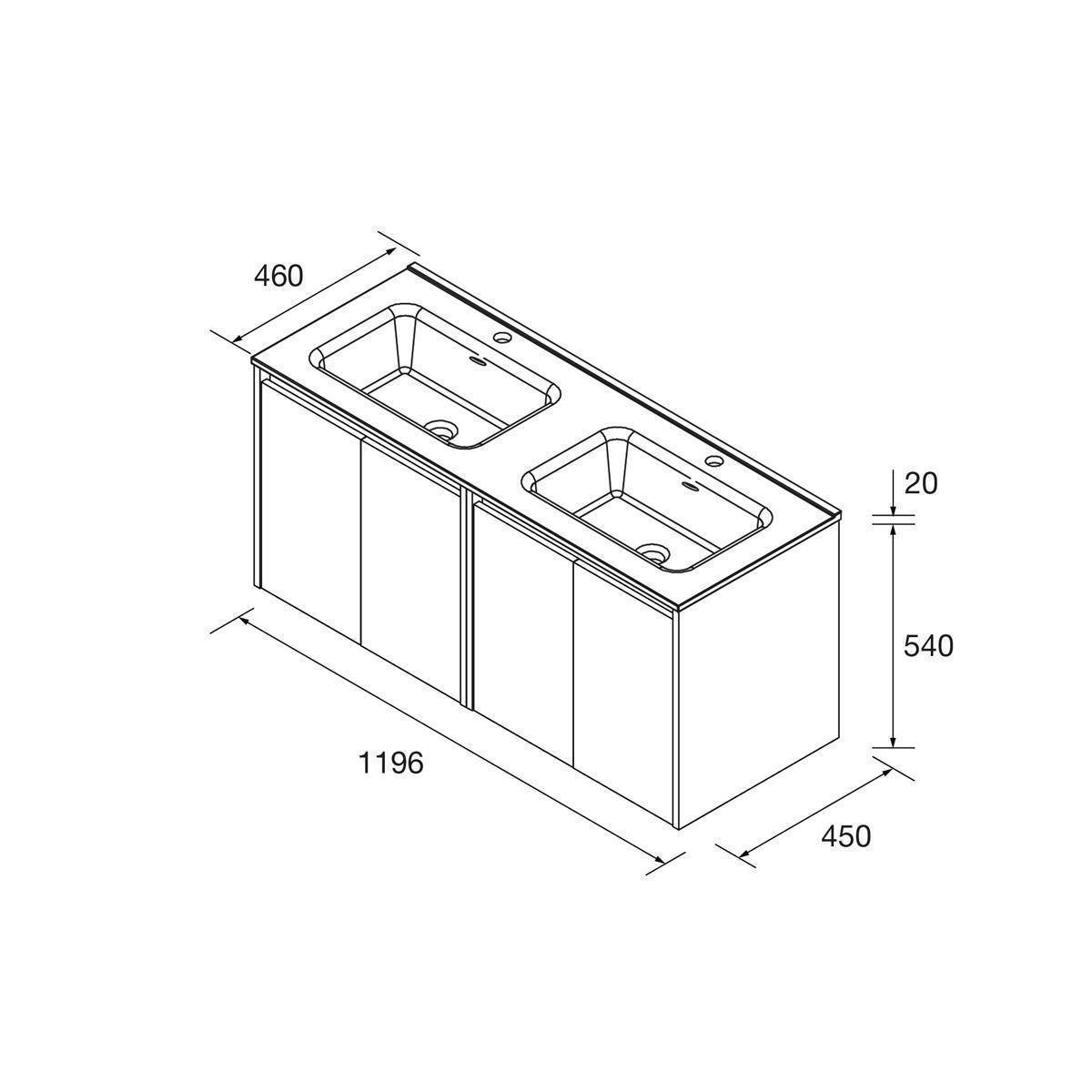 Technische Zeichnung eines Doppelwaschbecken-Waschtisches mit den Abmessungen 1196 x 450 x 540 mm, Arbeitsplattentiefe 460 mm und 20 mm Arbeitsplattendicke.