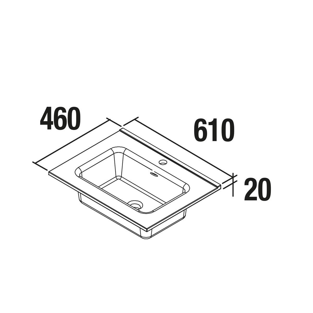 Technische Zeichnung eines rechteckigen Spülbeckens mit integrierter Arbeitsplatte, beschriftete Abmessungen 460 x 610 und 20 stark.
