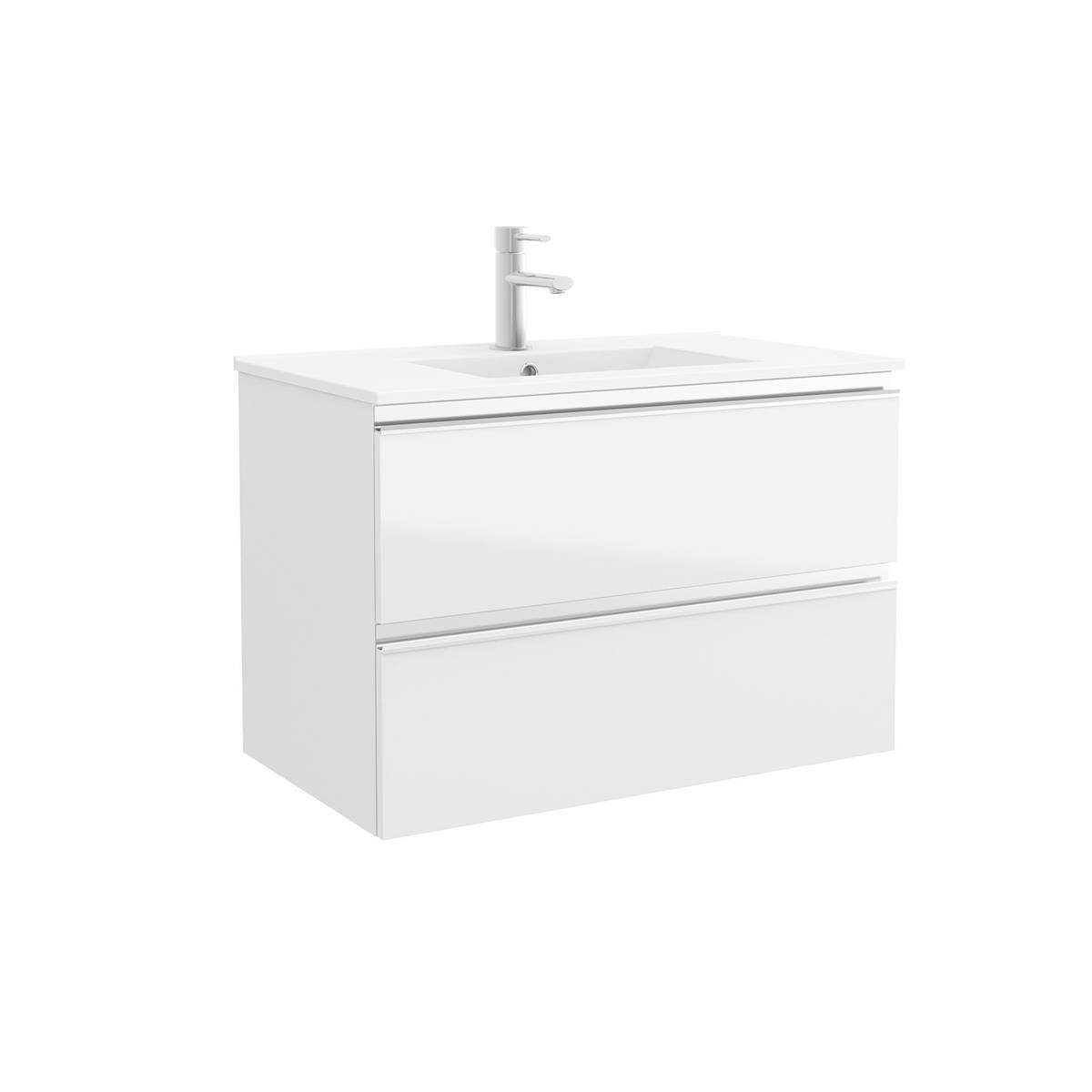 Modernes weißes Badezimmer-Waschbecken mit integriertem Waschbecken und Einhebel-Armatur, gezeigt vor einem schlichten weißen Hintergrund.