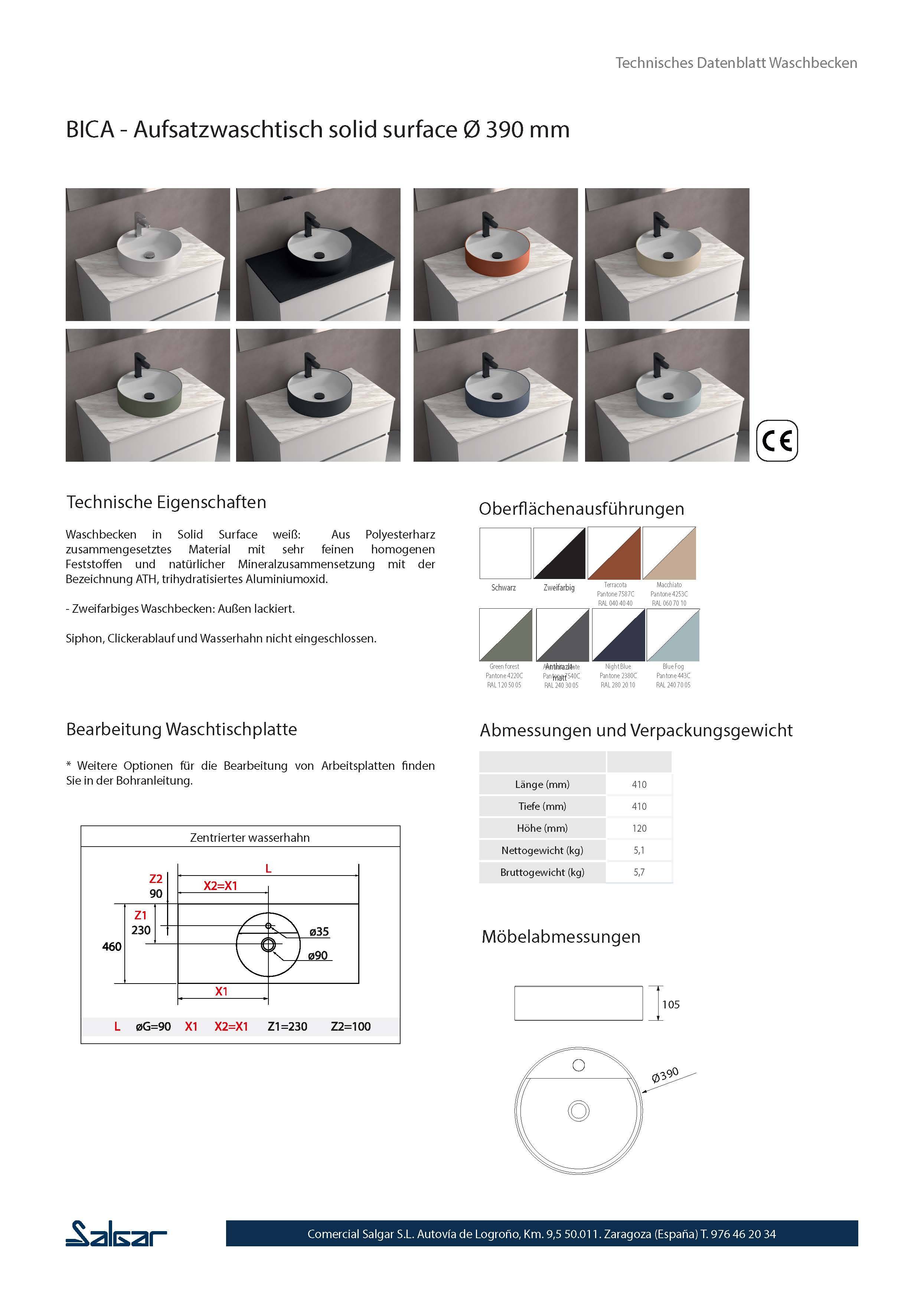 Salgar Aufsatzwaschtisch BICA ohne Siphon und Clickerabfluss SOLID SURFACE WEIß MATT Ø 390 x 105 mm