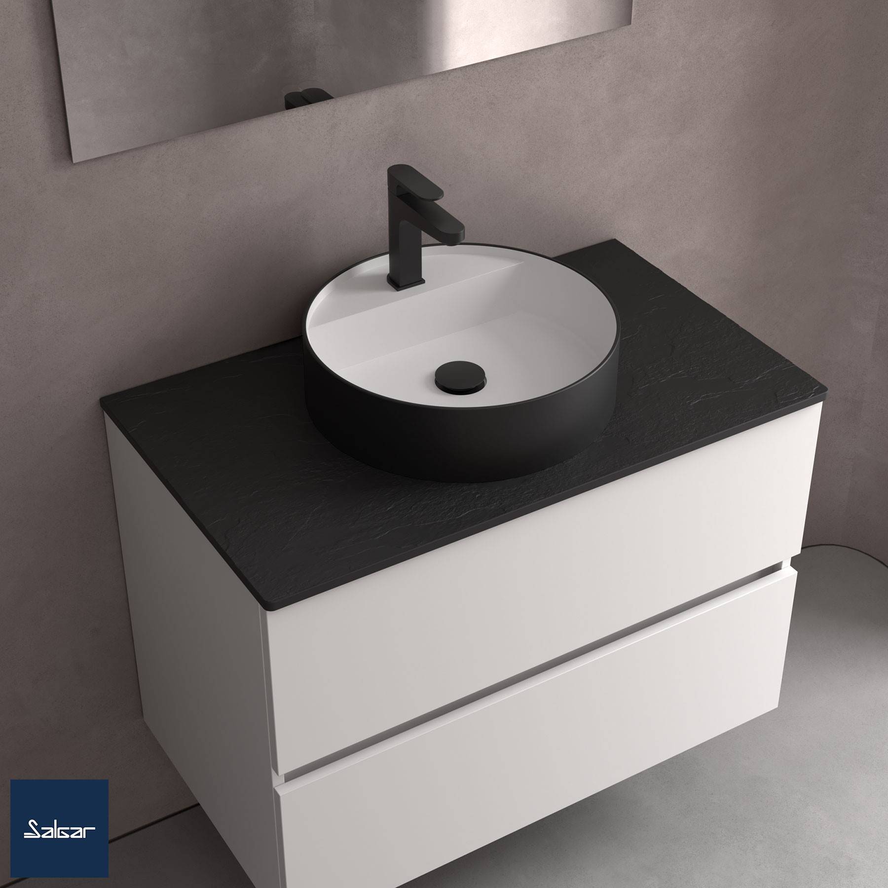 Aufsatzwaschtisch BICA ohne Siphon und Clickerabfluss SOLID SURFACE Schwarz Ø 390 x 105 mm