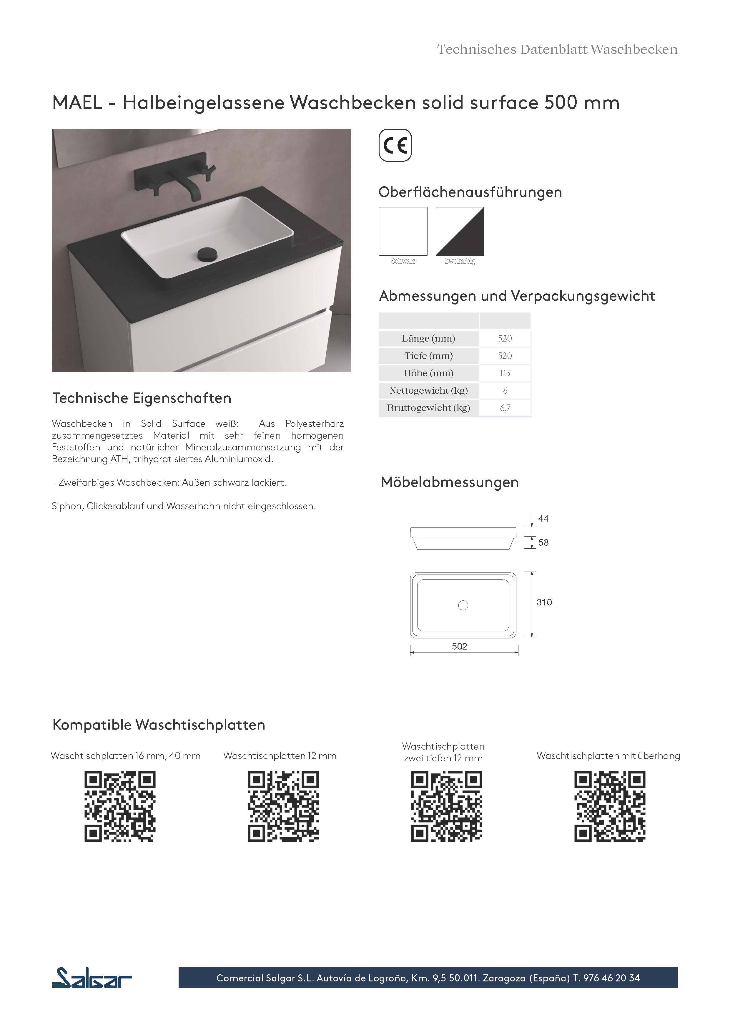 Halbeingelassene Waschbecken MAEL ohne Siphon und Clickerabfluss SOLID SURFACE Schwarz 502 x 44 x 301 mm