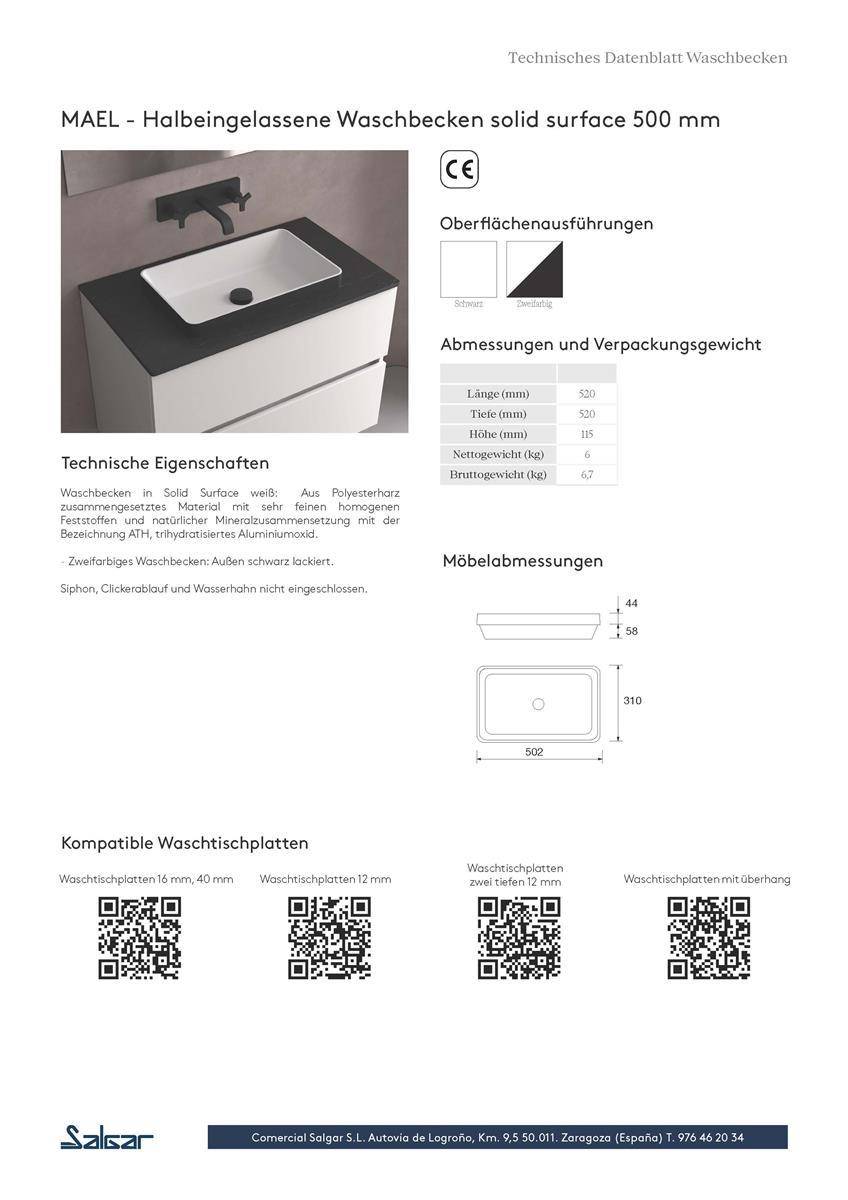 Halbeingelassene Waschbecken MAEL ohne Siphon und Clickerabfluss SOLID SURFACE WEIß MATT 502 x 44 x 301 mm