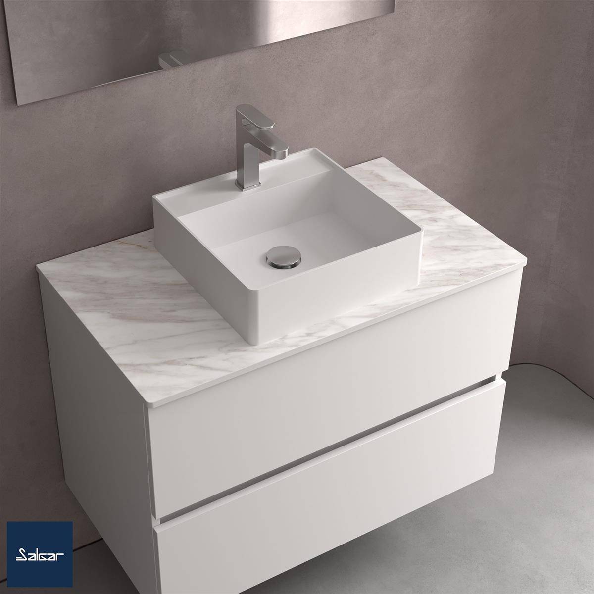 Modernes weißes Badezimmer-Waschtischset mit Marmor-Arbeitsplatte und quadratischem Aufsatzwaschbecken, mit einhebel-Mischbatterie und zwei Schubladen.