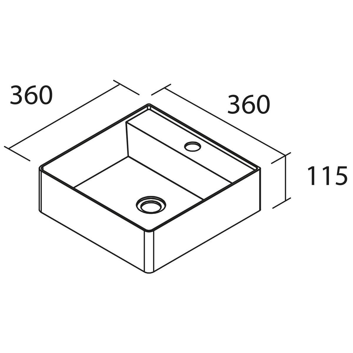 Linienzeichnung eines quadratischen Spülbeckens mit den Abmessungen 360 x 360 mm und 115 mm Tiefe, mit Darstellung von Ablauf- und Wasserhahnanschlüssen.
