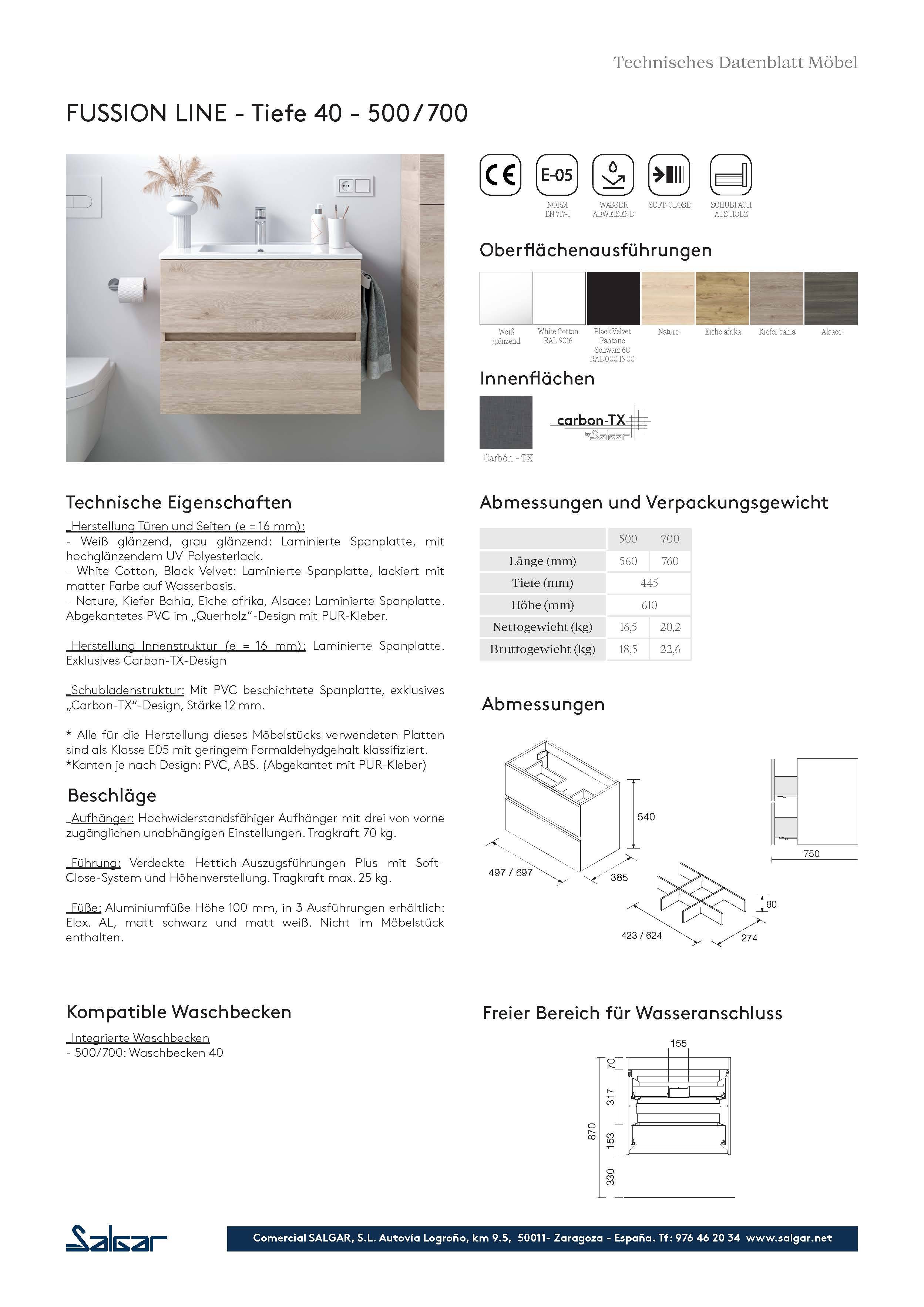 Salgar Schrank wandhängend FUSSION LINE 700 TIEFE 40 2 Schubladen mit Softeinzug WHITE COTTON 697 x 540 x 385 mm