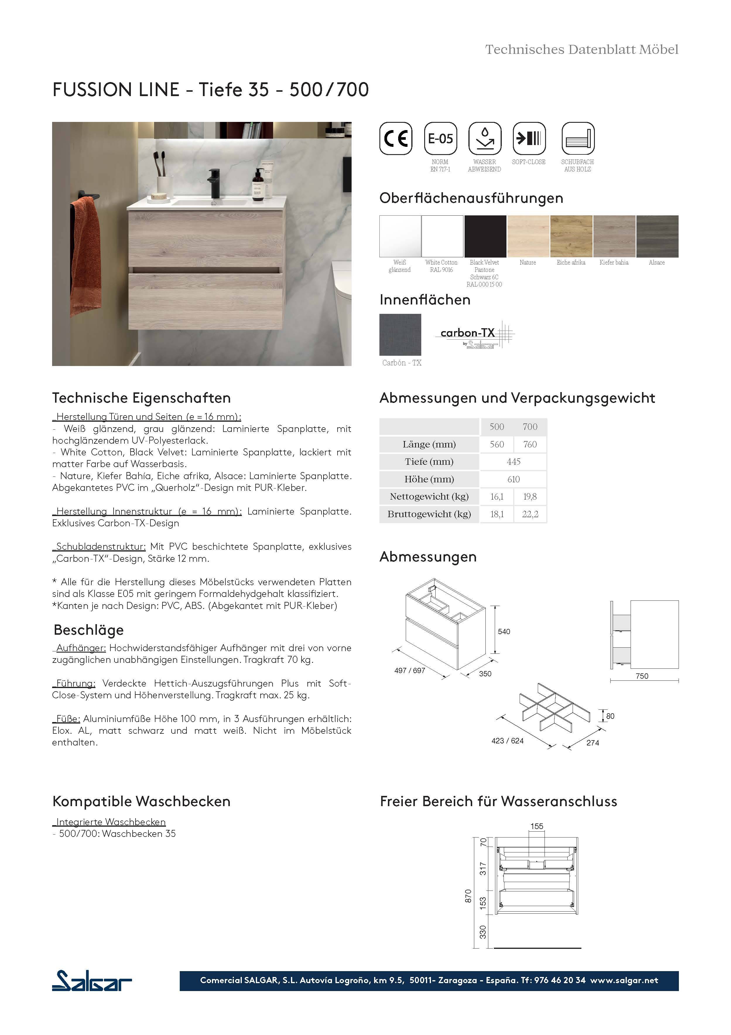 Salgar Schrank wandhängend FUSSION LINE 500 TIEFE 35 2 Schubladen mit Softeinzug Eiche Afrika 497 x 540 x 350 mm