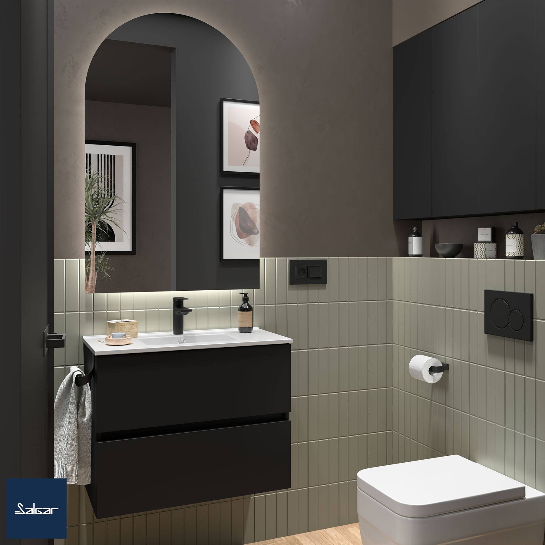 Salgar Schrank wandhängend FUSSION LINE 700 TIEFE 35 2 Schubladen mit Softeinzug Black Velvet 697 x 540 x 350 mm