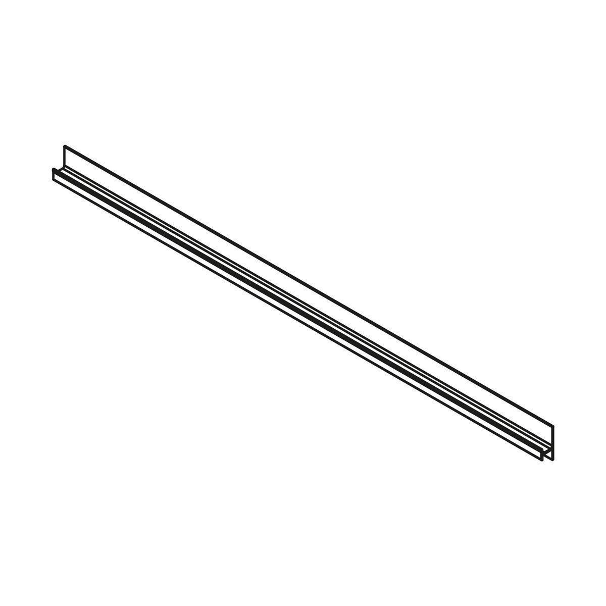 Diagonale schwarze Linienskizze einer langen, schmalen Metallschiene oder eines Gleises, dargestellt in einfacher technischer Ausführung auf weißem Hintergrund.