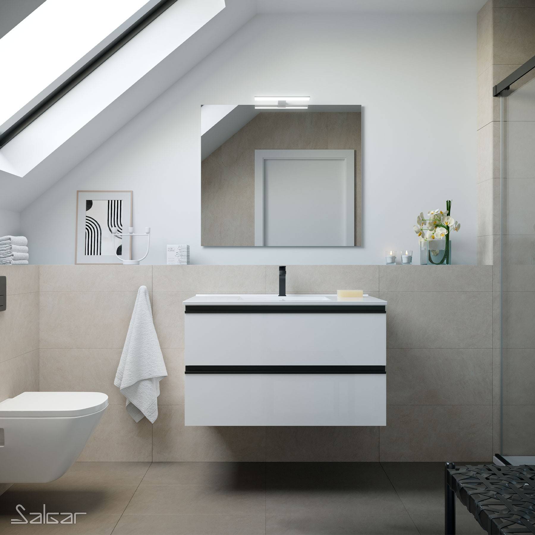 Schrank wandhängend SPIRIT 900 2 Metallauszug mit Softeinzug WEIß GLÄNZEND 897 x 540 x 450 mm
