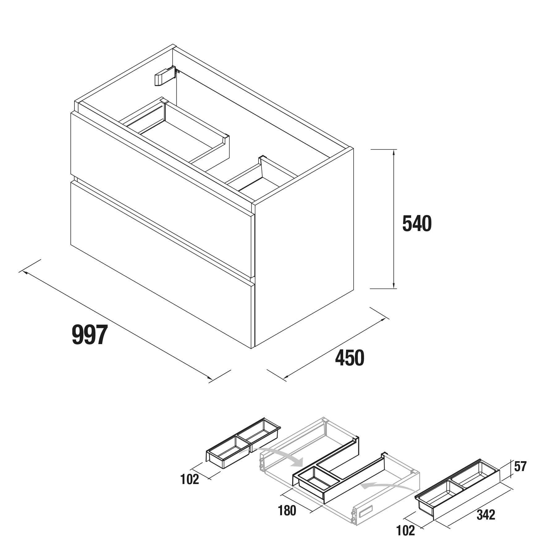 Salgar Schrank wandhängend SPIRIT 1000 2 Metallauszug mit Softeinzug WEIß GLÄNZEND 997 x 540 x 450 mm