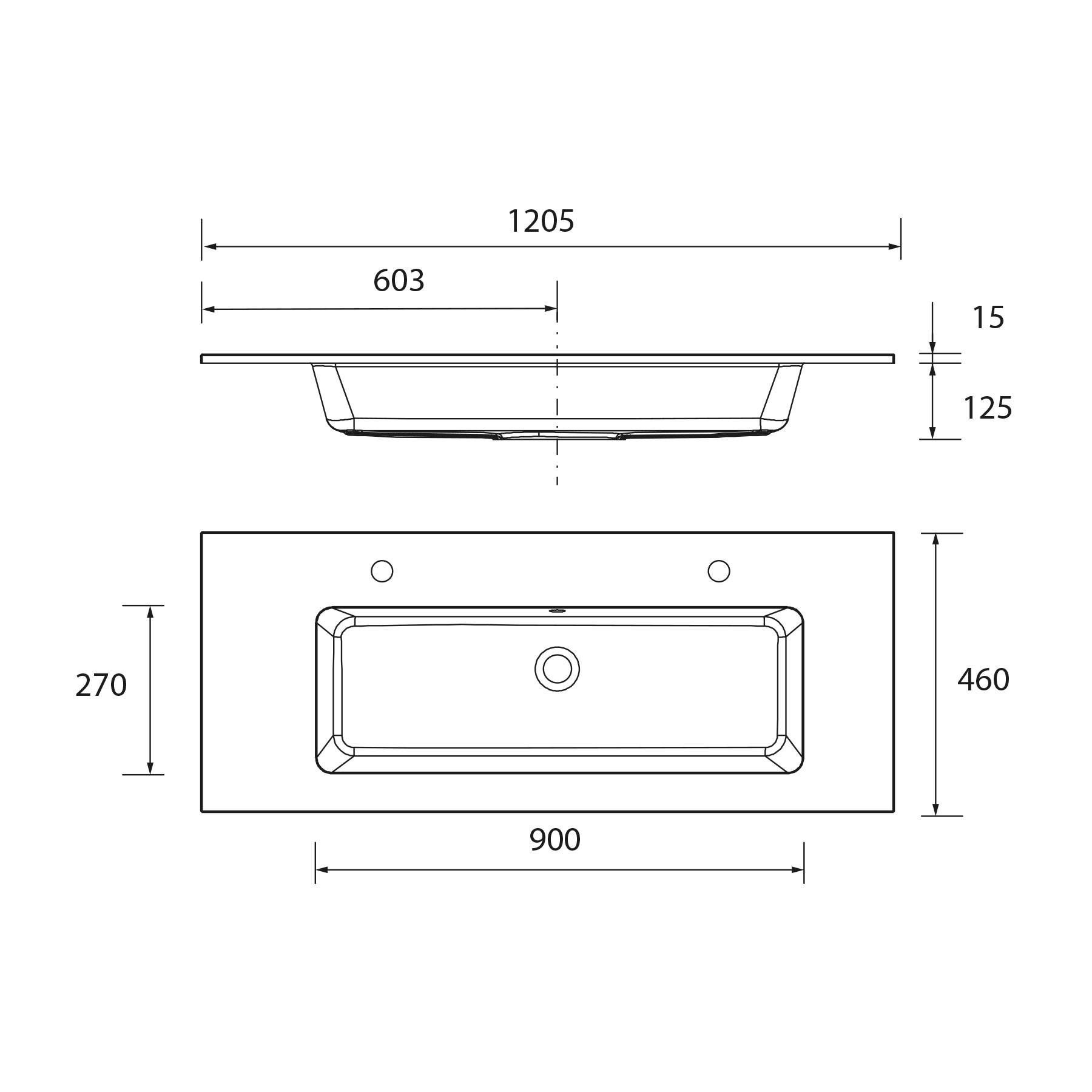 Salgar Waschtisch VILNA 1205 Mit 2 Bohrungen ohne Siphon und Clickerabfluss MINERALSOLID MATT 1205 x 460 x 15 mm