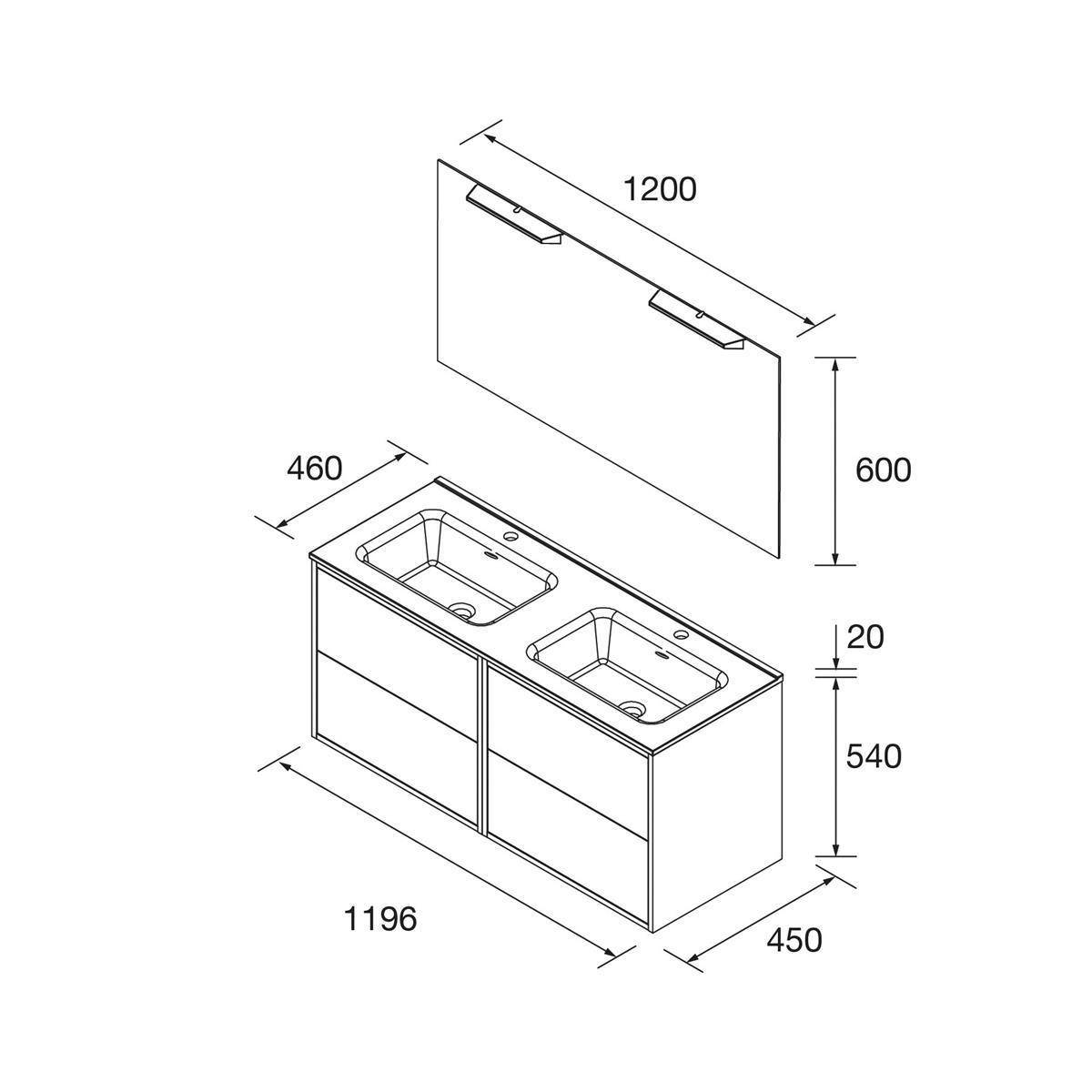 Maßstabgetreue technische Zeichnung eines Doppelwaschbecken-Badezimmerschranks mit Wandspiegel: Schrank 1196x450x540 mm, Spiegel 1200x600 mm, 460 mm tiefe Arbeitsplatte.