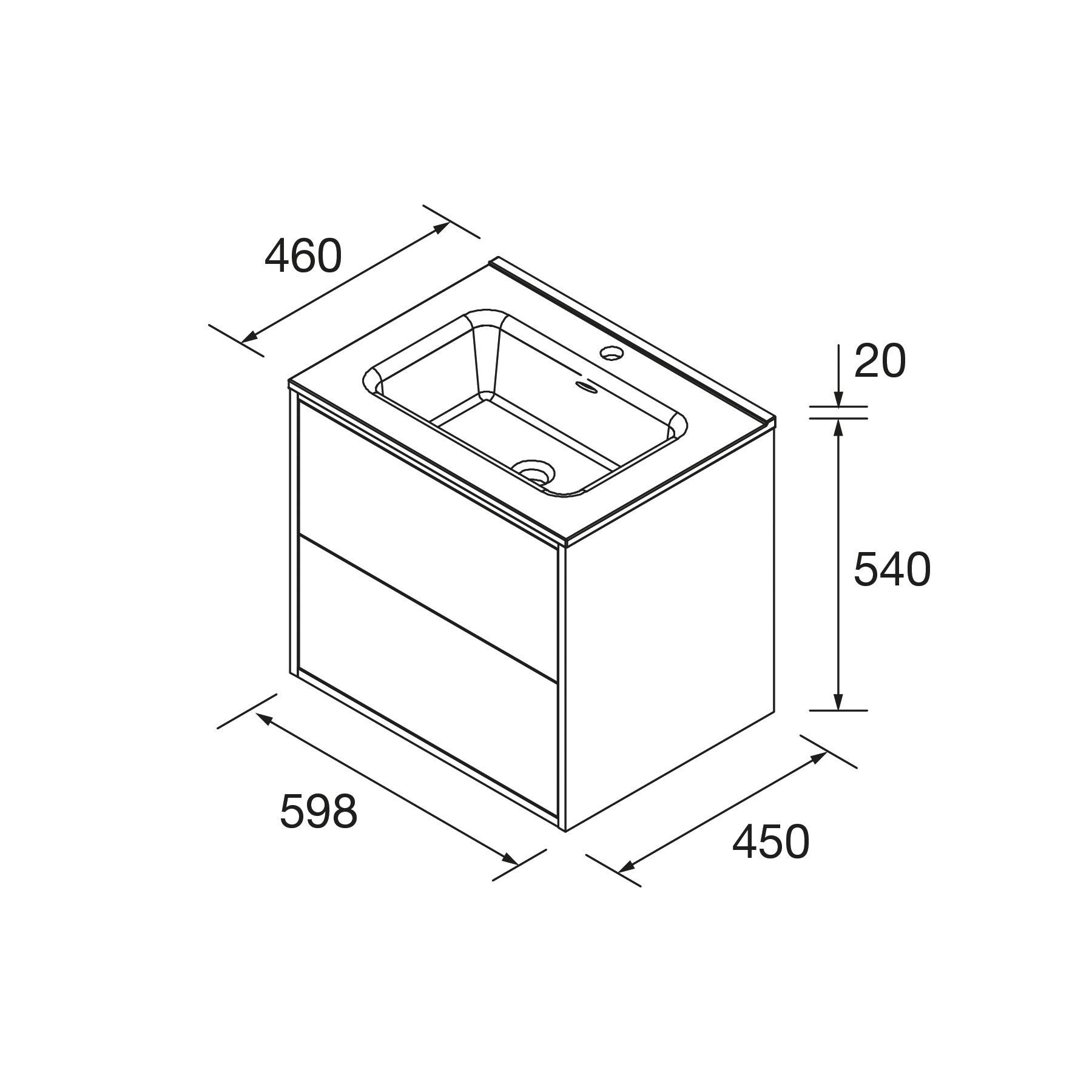 Salgar Optimus Unterschrank 600 2 Schubladen + Waschbecken NATURAL