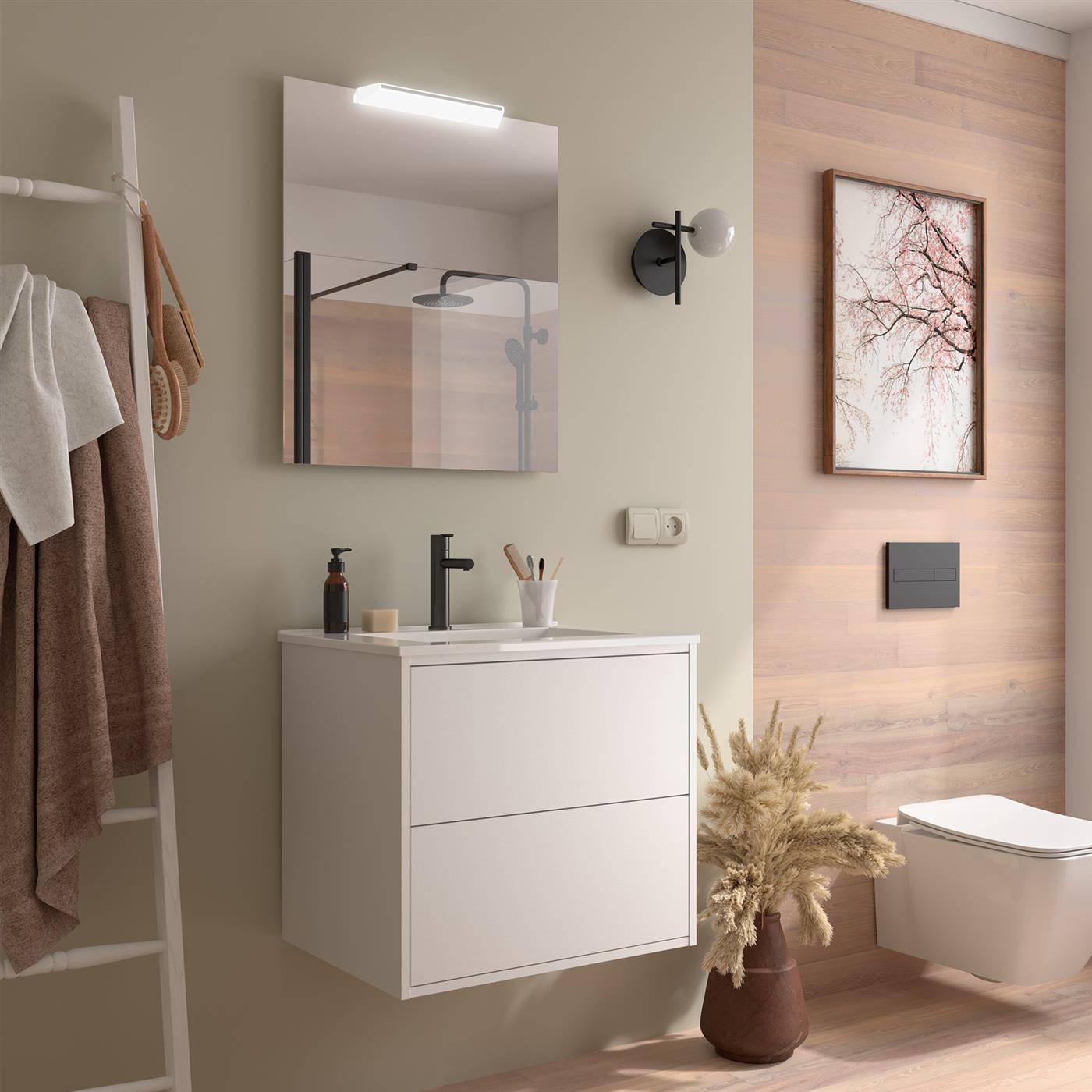 Modernes Badezimmer mit schwebendem weißen Waschtisch, Spiegel, schwarzen Armaturen, Wandkunst und an der Wand montierter Toilette in einem sanft beleuchteten Holz- und Beige-Interieur.