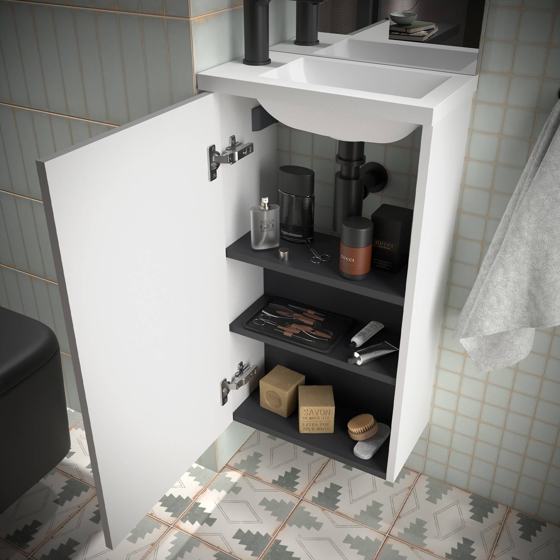Komplett-Set MARVILLE WHITE GLOSS + Waschtisch + Spiegel + Leuchte