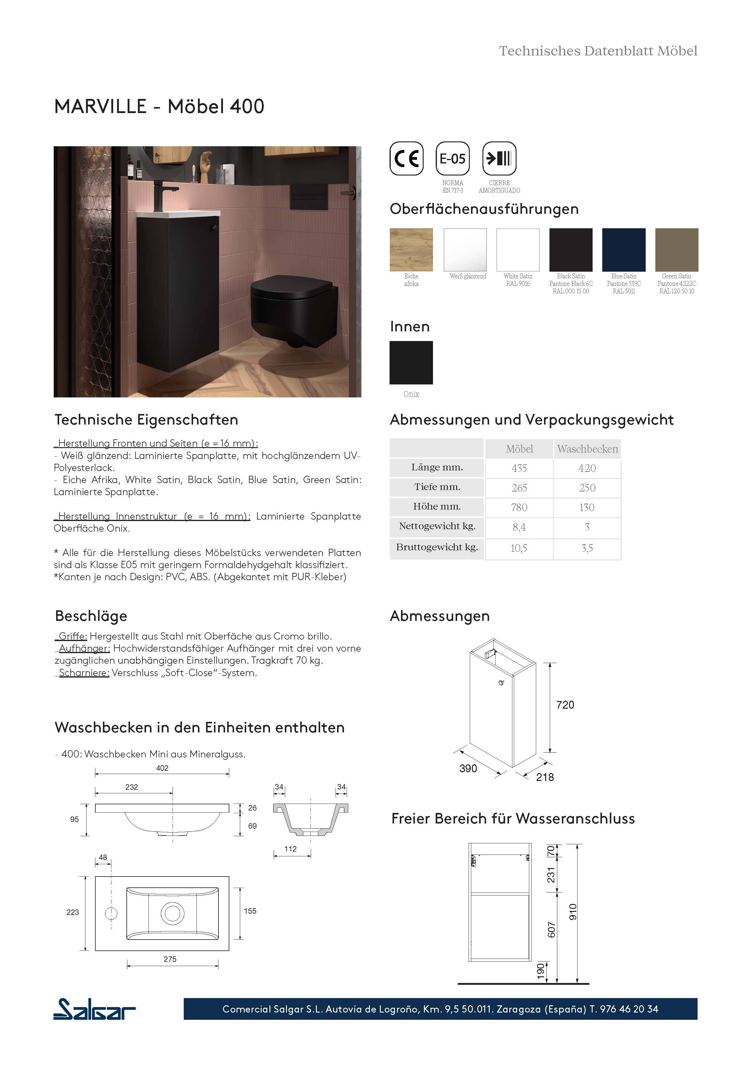 Salgar Komplett-Set MARVILLE BLUE SATIN + Waschtisch + Spiegel + Leuchte