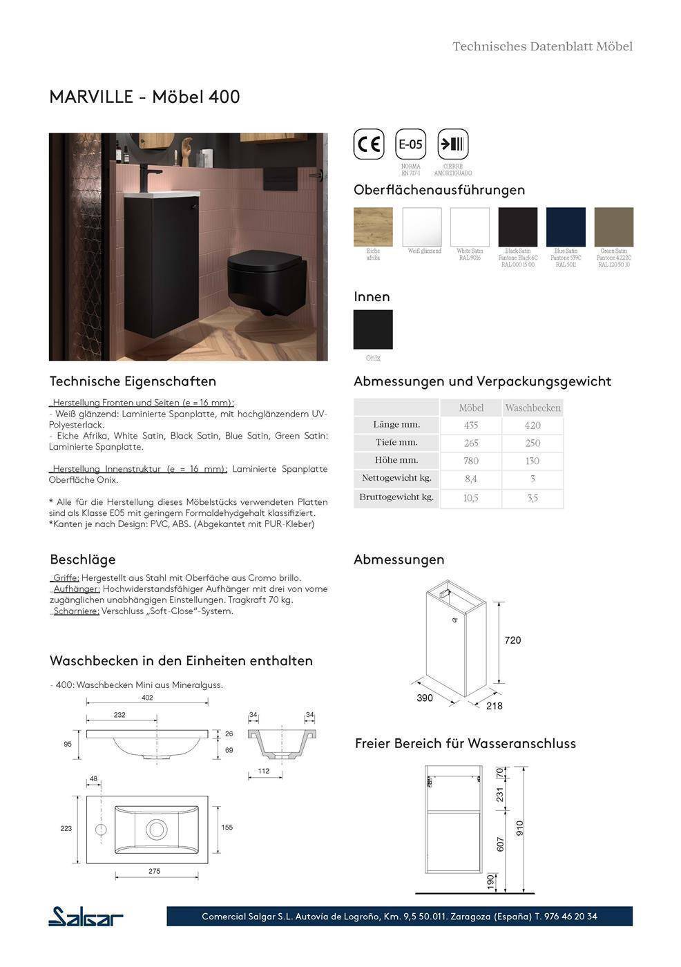 Komplett-Set MARVILLE BLUE SATIN + Waschtisch + Spiegel + Leuchte