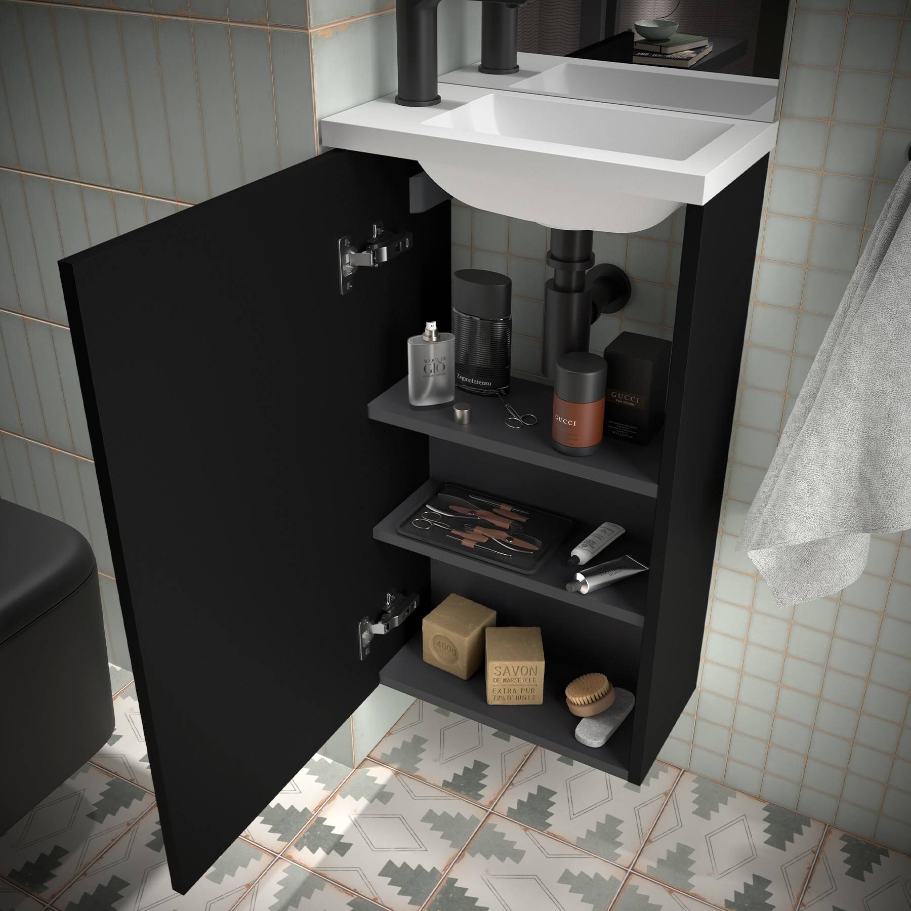 Badezimmermöbel MARVILLE BLACK SATIN + Waschtisch