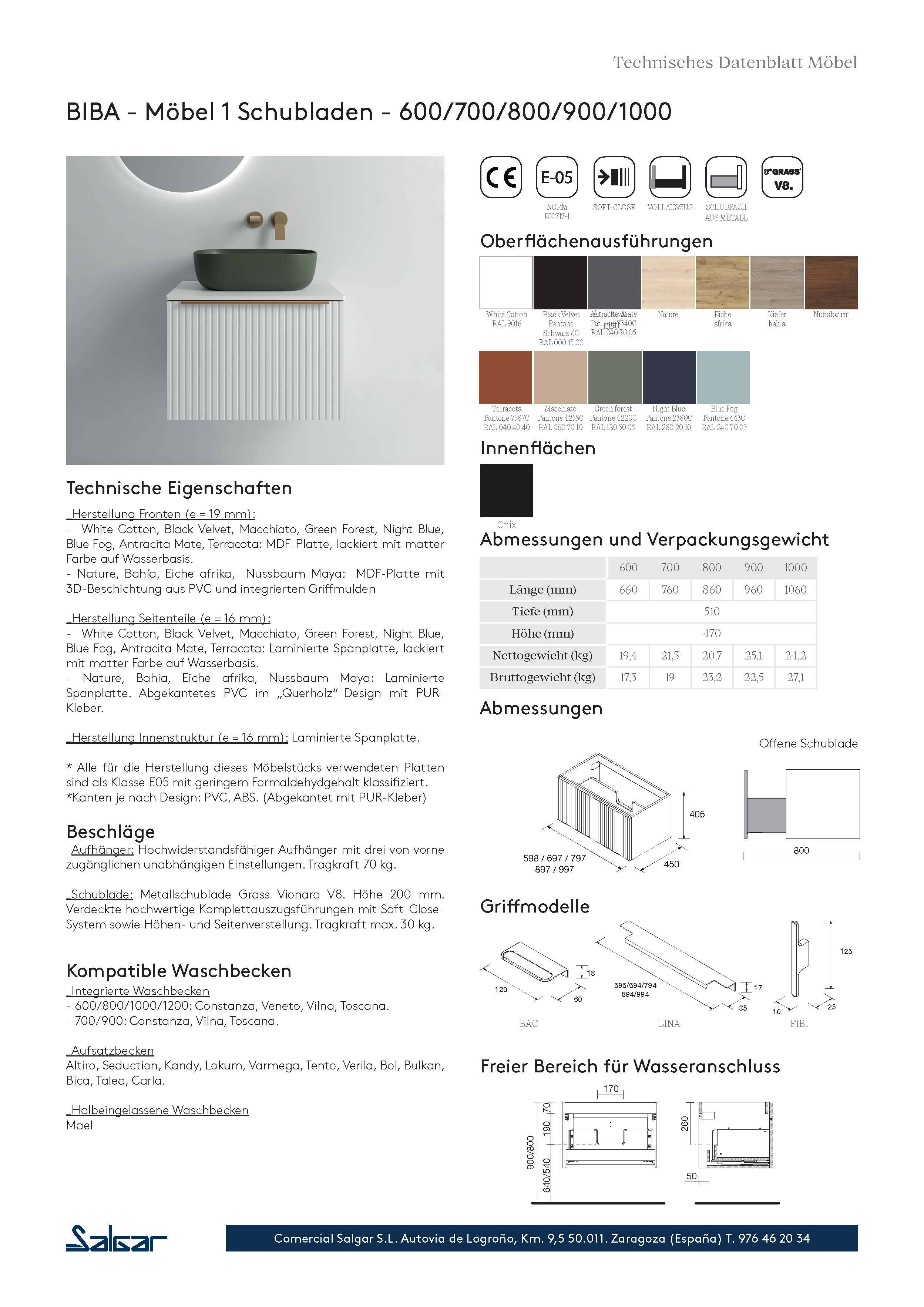 Salgar Waschtischunterschrank BIBA 700 1 Metallschublade WHITE COTTON 697 x 405 x 450 mm