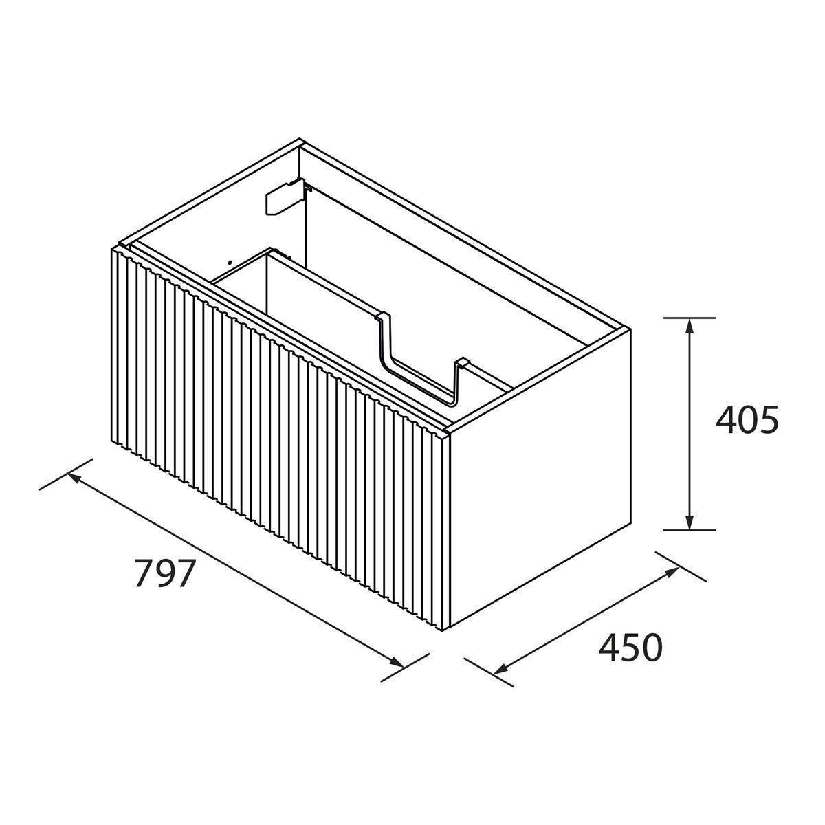 Isometrische technische Zeichnung eines rechteckigen Behälters oder einer Kiste mit gerippter Seite, mit Abmessungen von 797 Länge, 450 Breite und 405 Höhe.
