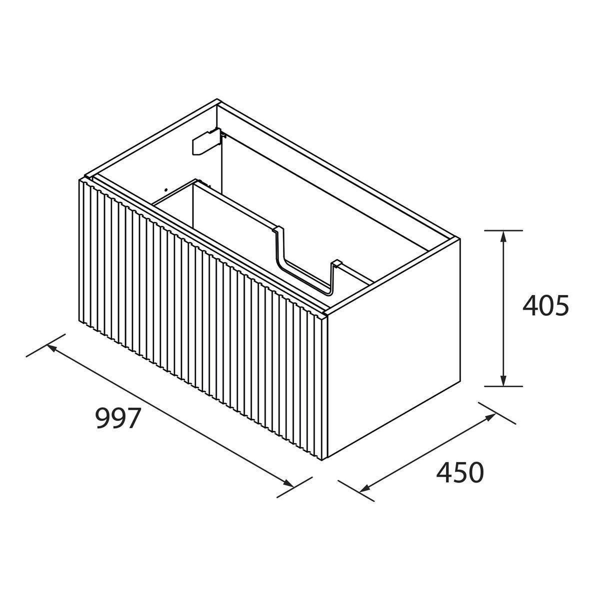 Technische Zeichnung eines rechteckigen Behälters oder einer Behältniskiste, die Abmessungen von 997 x 450 x 405 zeigt und eine offene Oberseite mit internen Trennwand-Details.