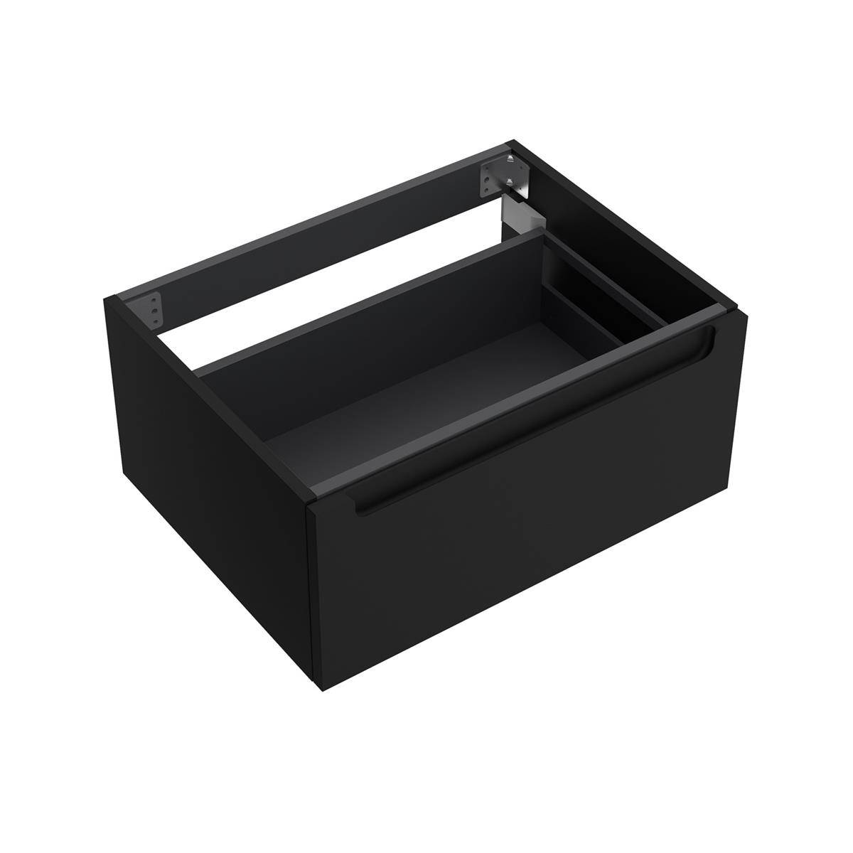 Schwarzer ausziehbarer Schubladenorganizer mit vorderer Griffleiste, in offener Position in einer Produktansicht mit weißem Hintergrund dargestellt.