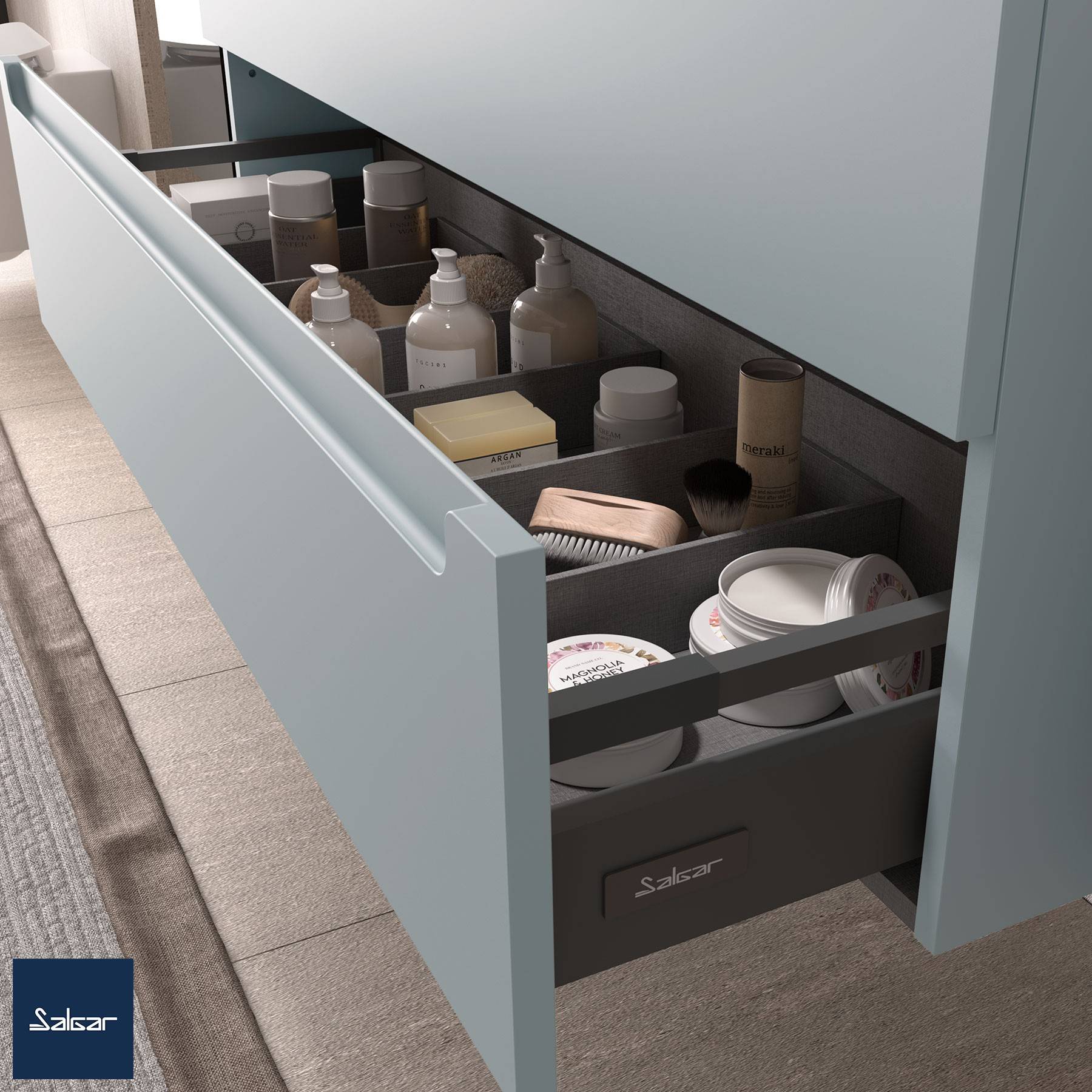 Salgar Waschtischunterschrank MONTERREY 1000 1 Metallschublade mit Softeinzug BLUE FOG 997 x 270 x 450 mm