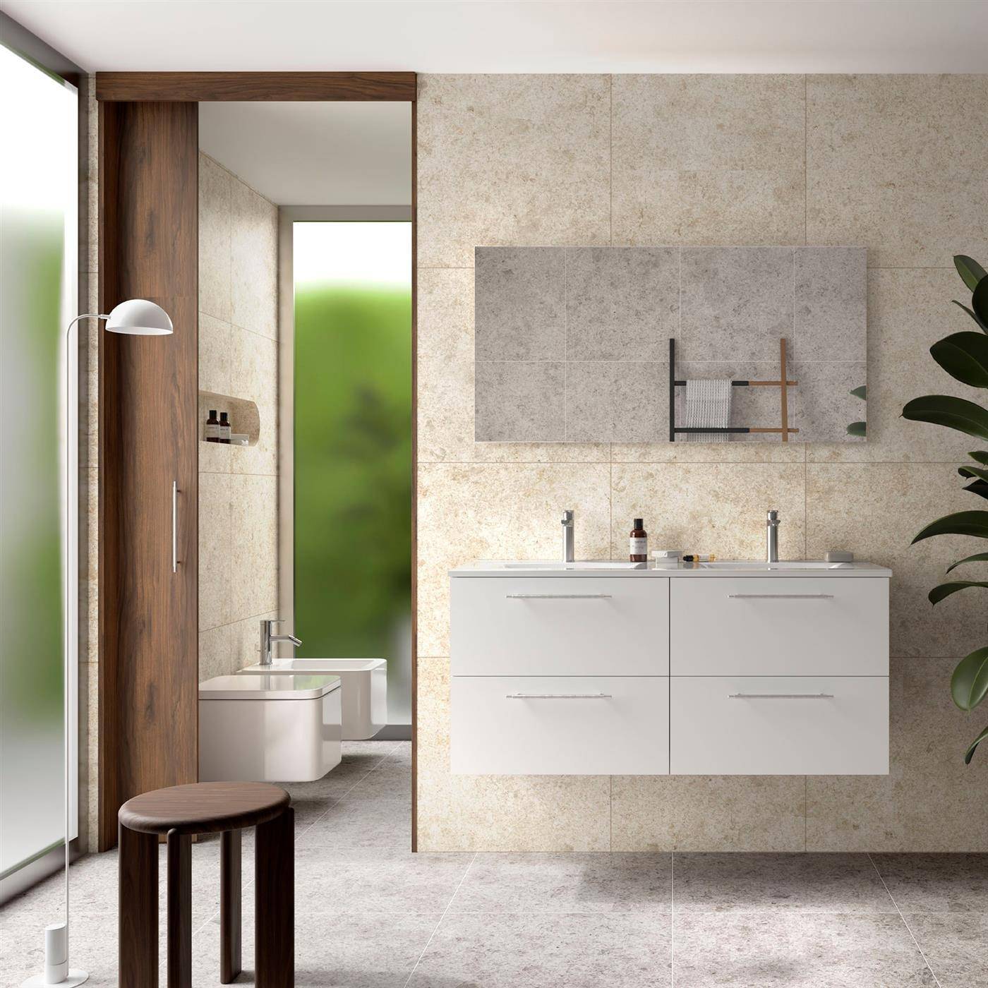 Modernes Badezimmer mit schwebendem weißem Waschtisch, großem Spiegel, Bidet und Toilette im angrenzenden Bereich, Holzschiebetür und raumhohem Fenster.