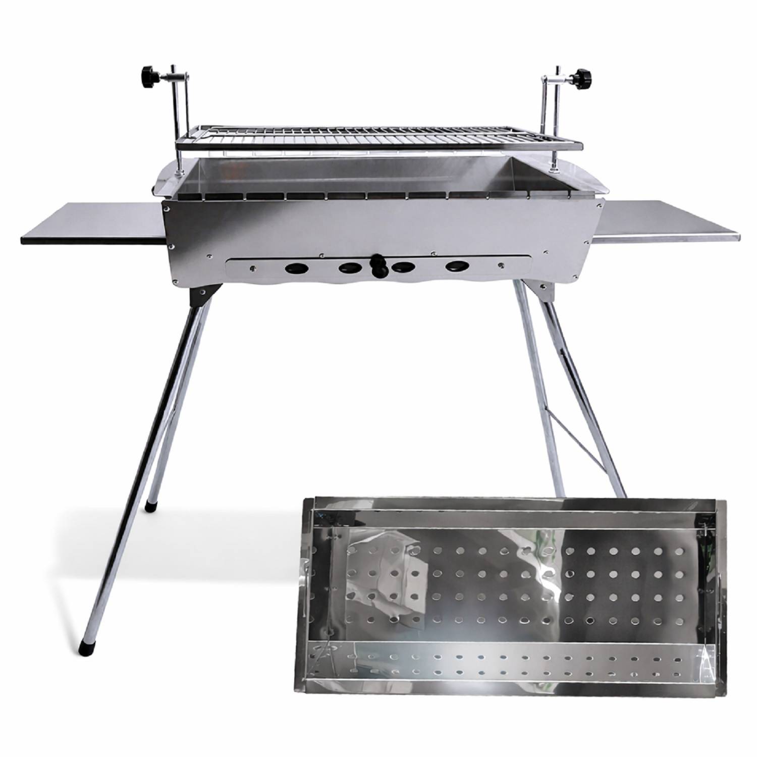 Ein tragbarer Metallgrill mit verstellbaren Rosten und klappbaren Seitentabletts, konzipiert für Outdoor-Kochen. Die Ausschnittgrafik zeigt ein abnehmbares Bodentablett.