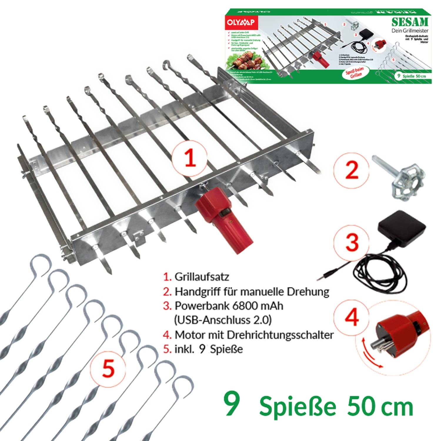 Produktbild eines Grillspieß-Sets mit 9 Spießen, Handkurbel, 6800-mAh-Powerbank, Motor mit Drehrichtungsschalter und 50 cm langen Spießen.