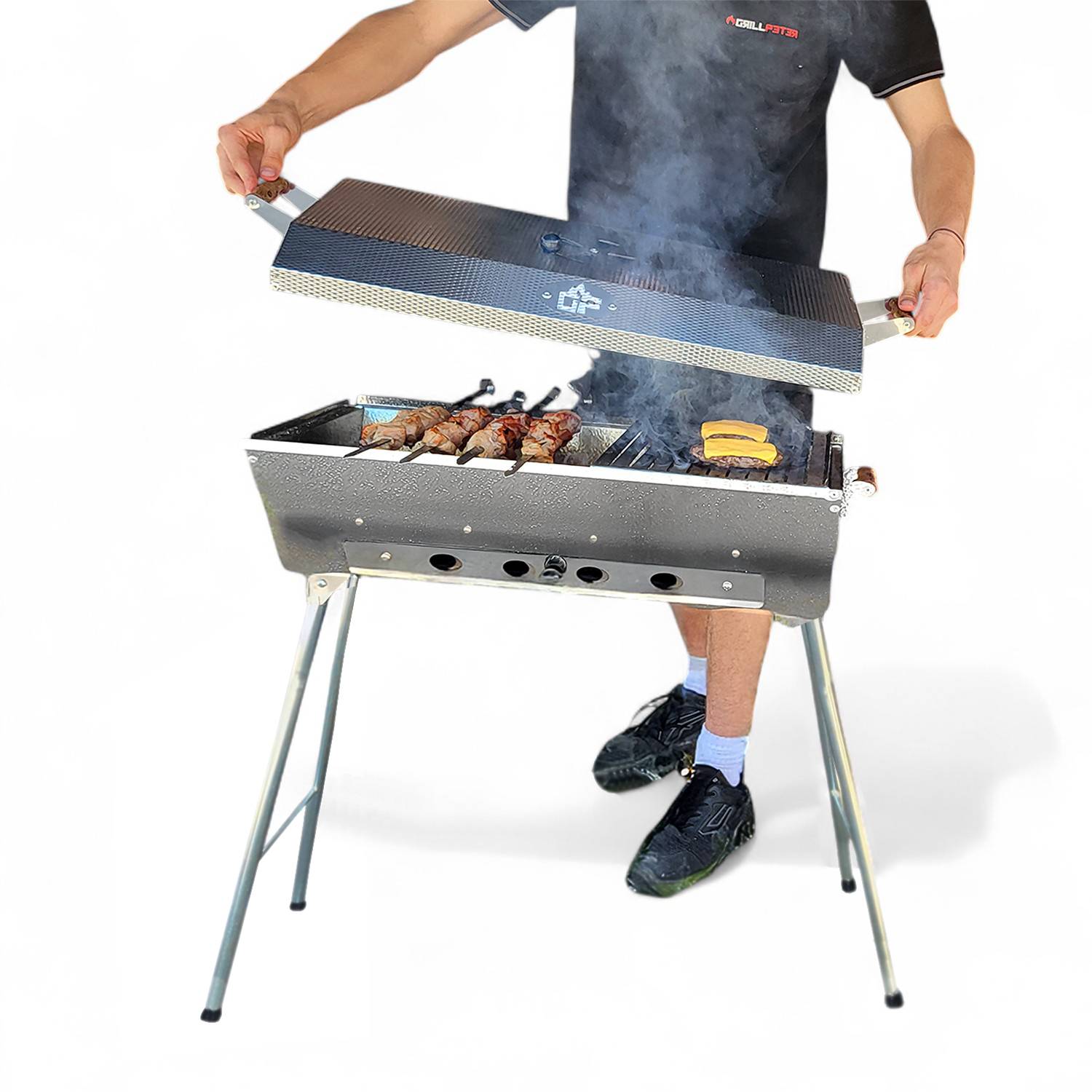 Schaschlikgrill Astana Deluxe Mangal aus rostfreiem Edelstahl mit BBQ Deckel Grillrost Ablage