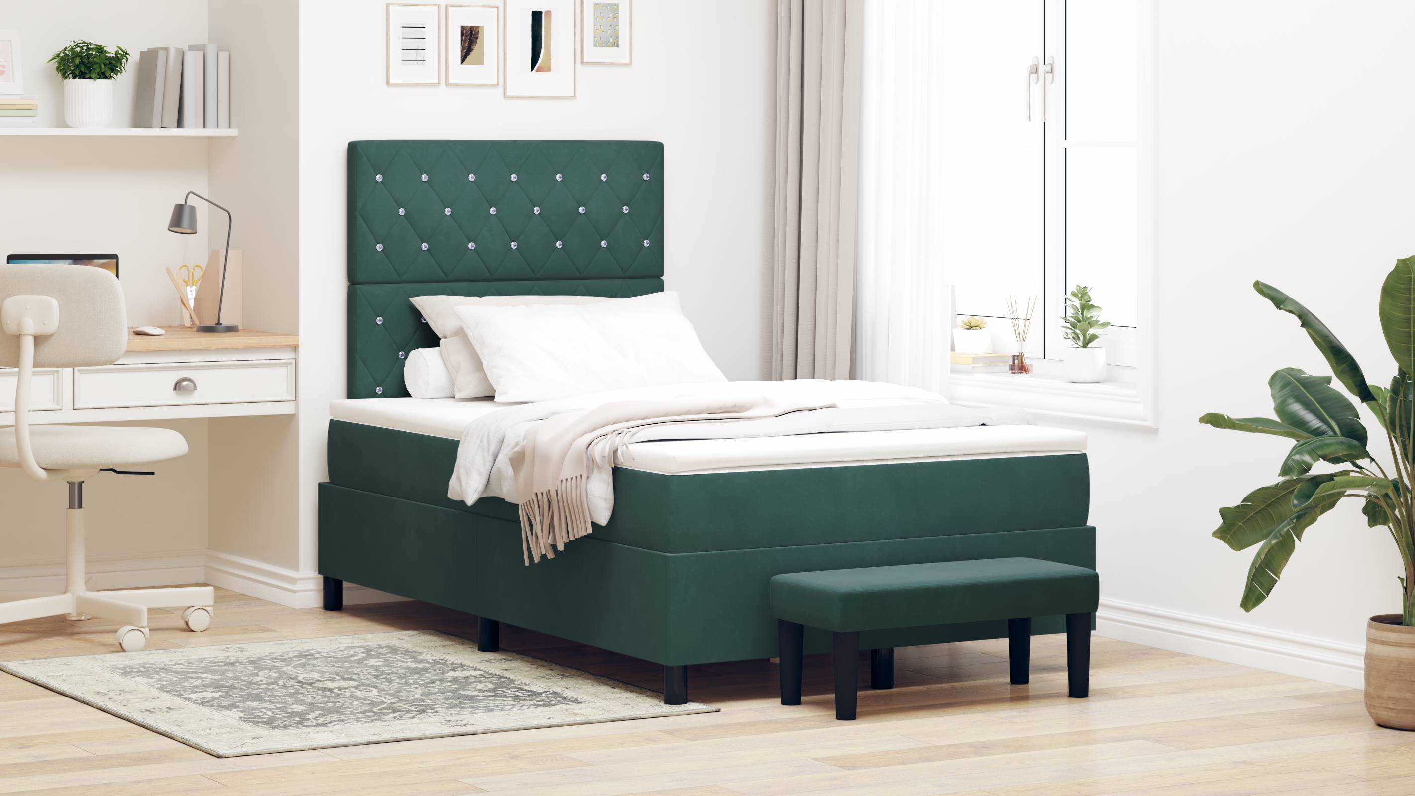 vidaXL Boxspringbett mit Matratze & Bank Dunkelgrün 120x200 cm Samt