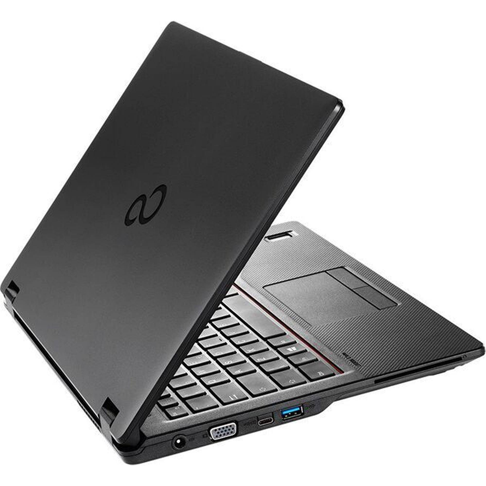 Teilweise geöffneter schwarzer Laptop, der die Tastatur, das Touchpad und die Seitenports auf weißem Hintergrund zeigt.