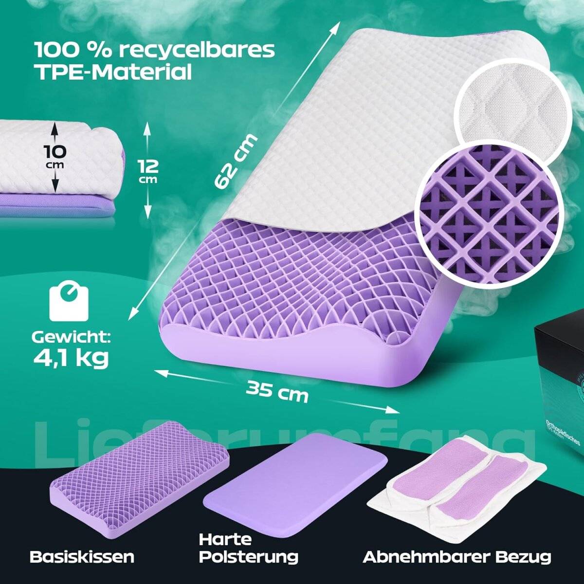 Ergonomisches Kopfkissen 62 x 35 cm aus TPE gegen Nackenschmerzen für Seitenschläfer und Rückenschläfer