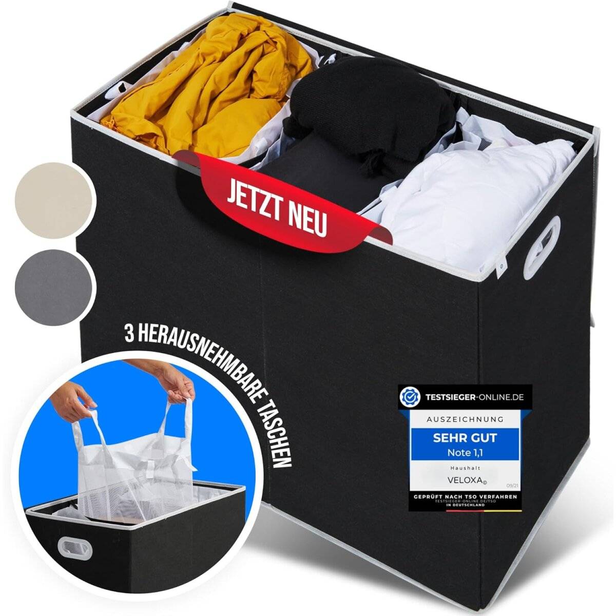 Wäschekorb mit 3 Fächern 156 L – Wäschesammler mit Deckel & Magnetverschluss Schwarz