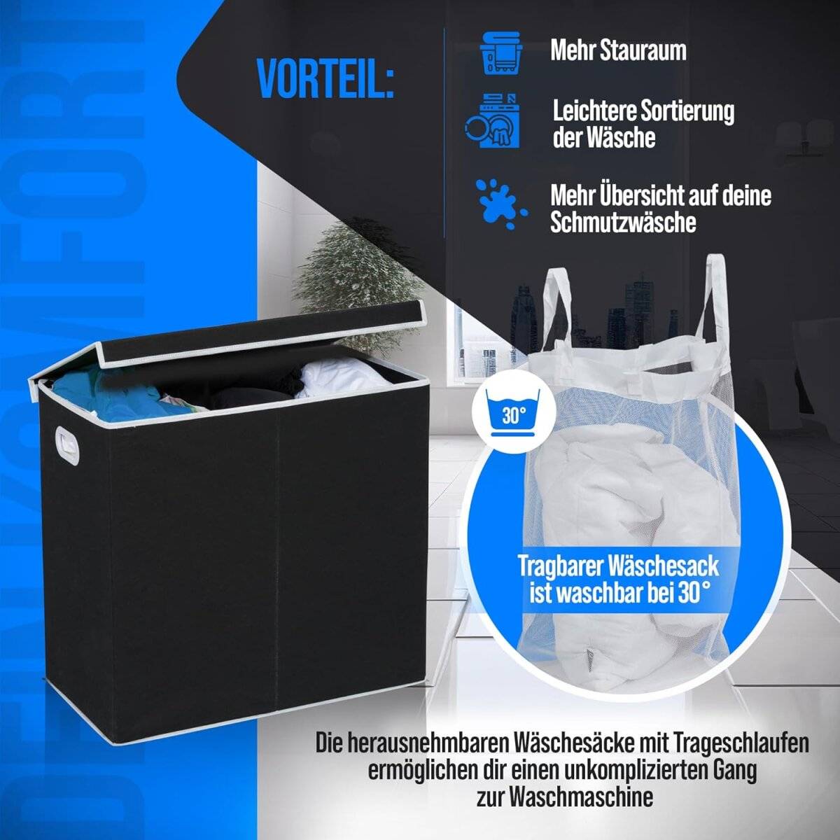 Wäschekorb mit 3 Fächern 156 L – Wäschesammler mit Deckel & Magnetverschluss Schwarz