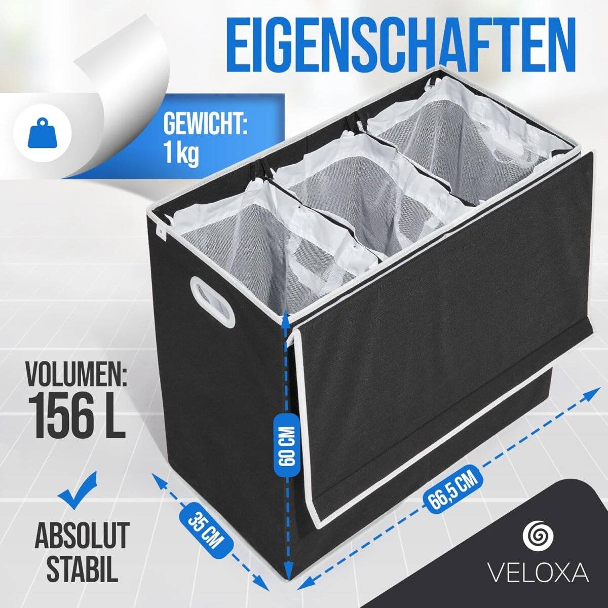 Wäschekorb mit 3 Fächern 156 L – Wäschesammler mit Deckel & Magnetverschluss Schwarz