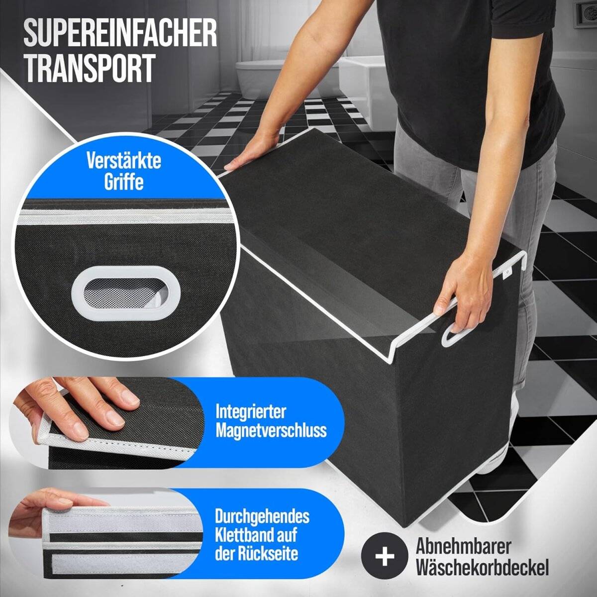 Wäschekorb mit 3 Fächern 156 L – Wäschesammler mit Deckel & Magnetverschluss Schwarz