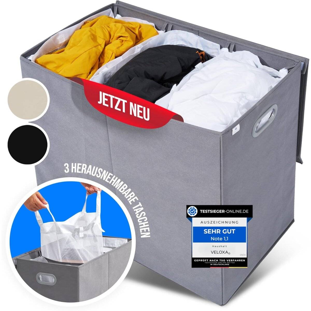 Wäschekorb mit 3 Fächern 156 L – Wäschesammler mit Deckel & Magnetverschluss Grau