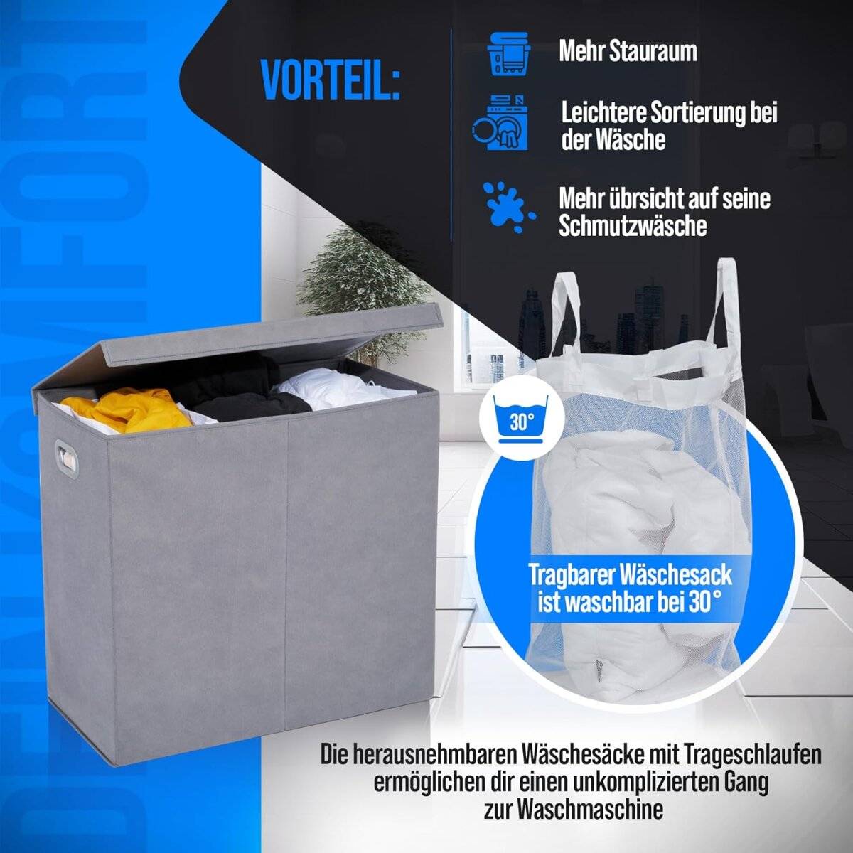 Wäschekorb mit 3 Fächern 156 L – Wäschesammler mit Deckel & Magnetverschluss Grau